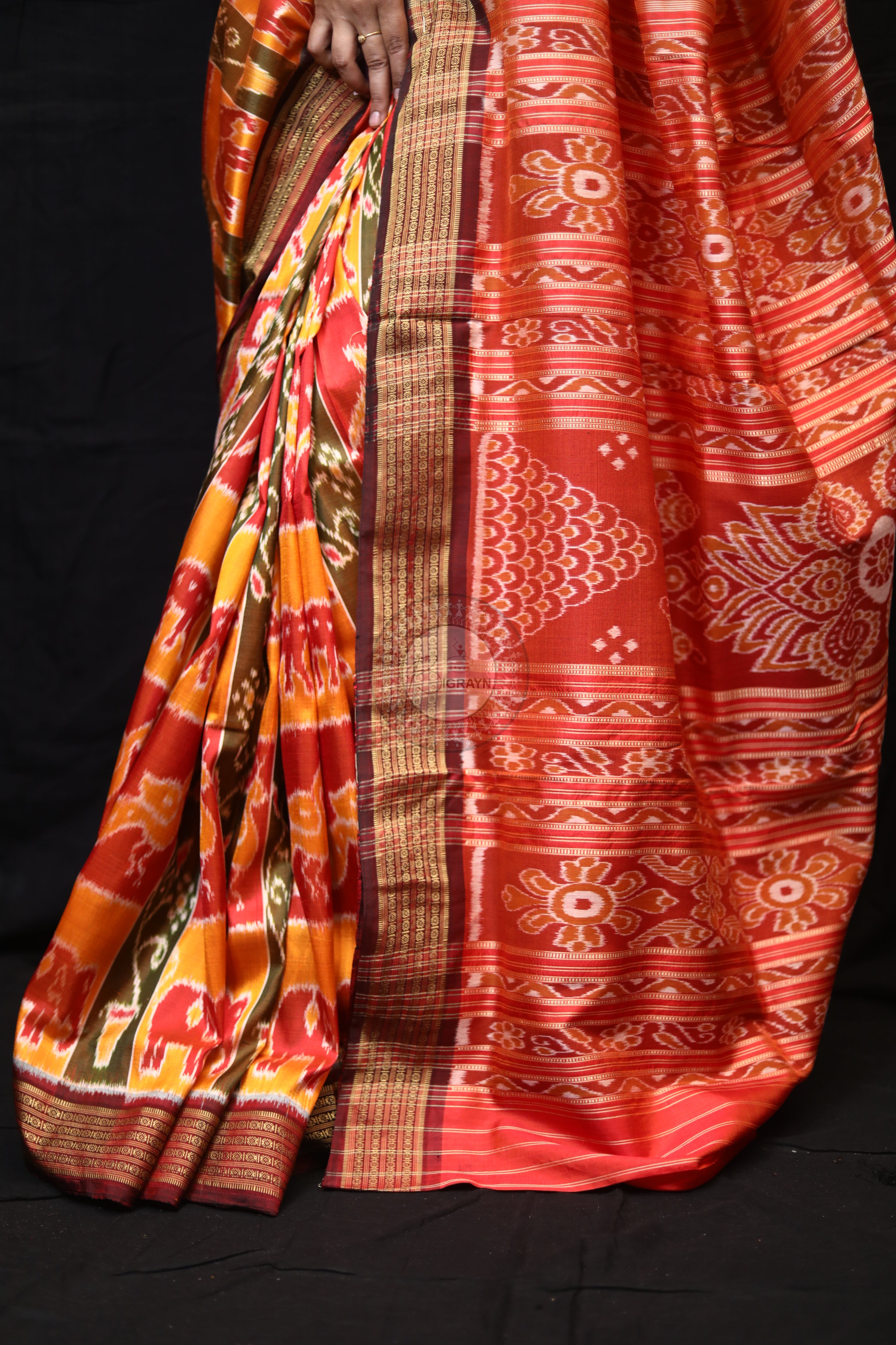 Yellow Red Green Nabakothi Mulberry Silk Saree