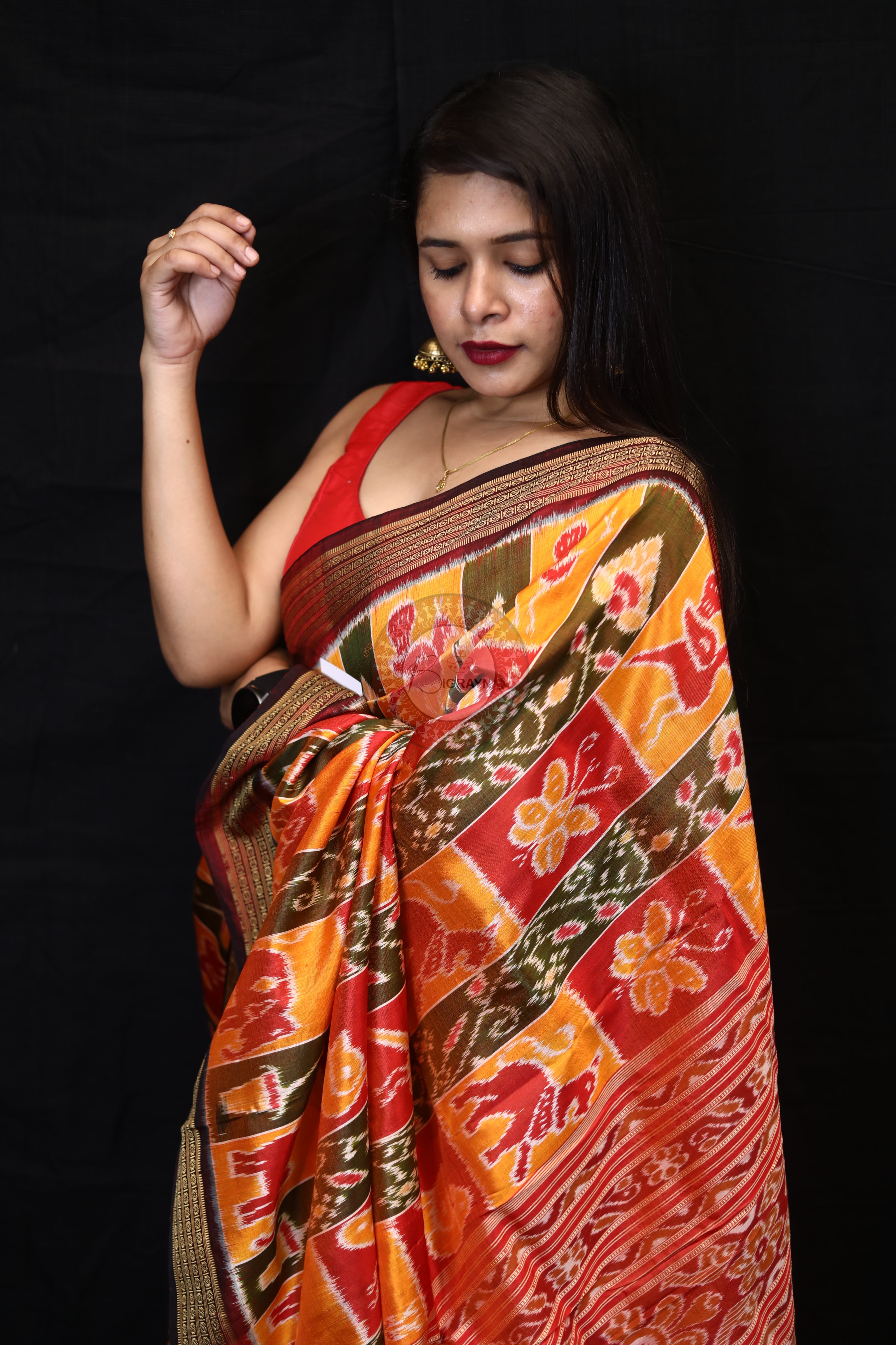 Yellow Red Green Nabakothi Mulberry Silk Saree