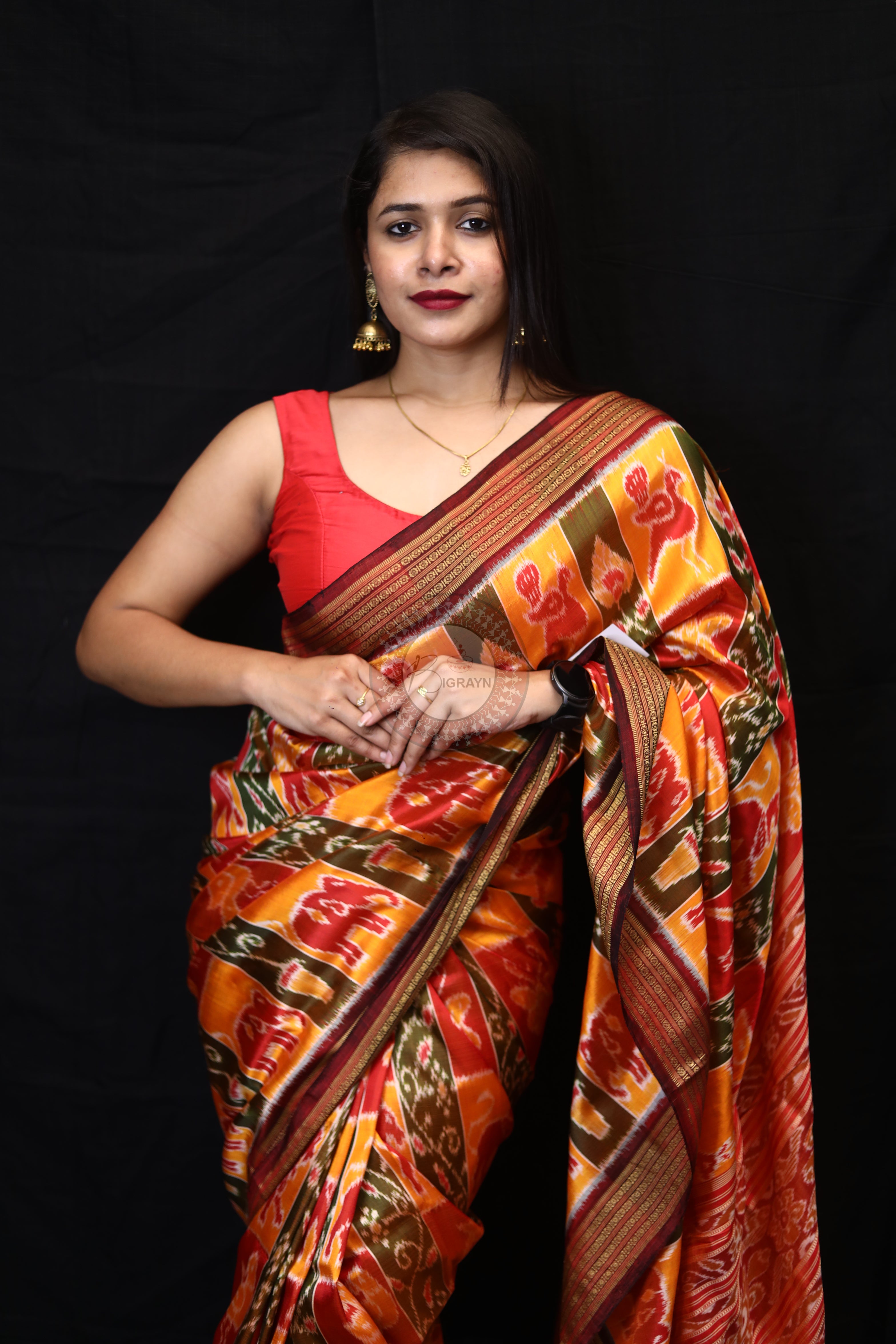 Yellow Red Green Nabakothi Mulberry Silk Saree