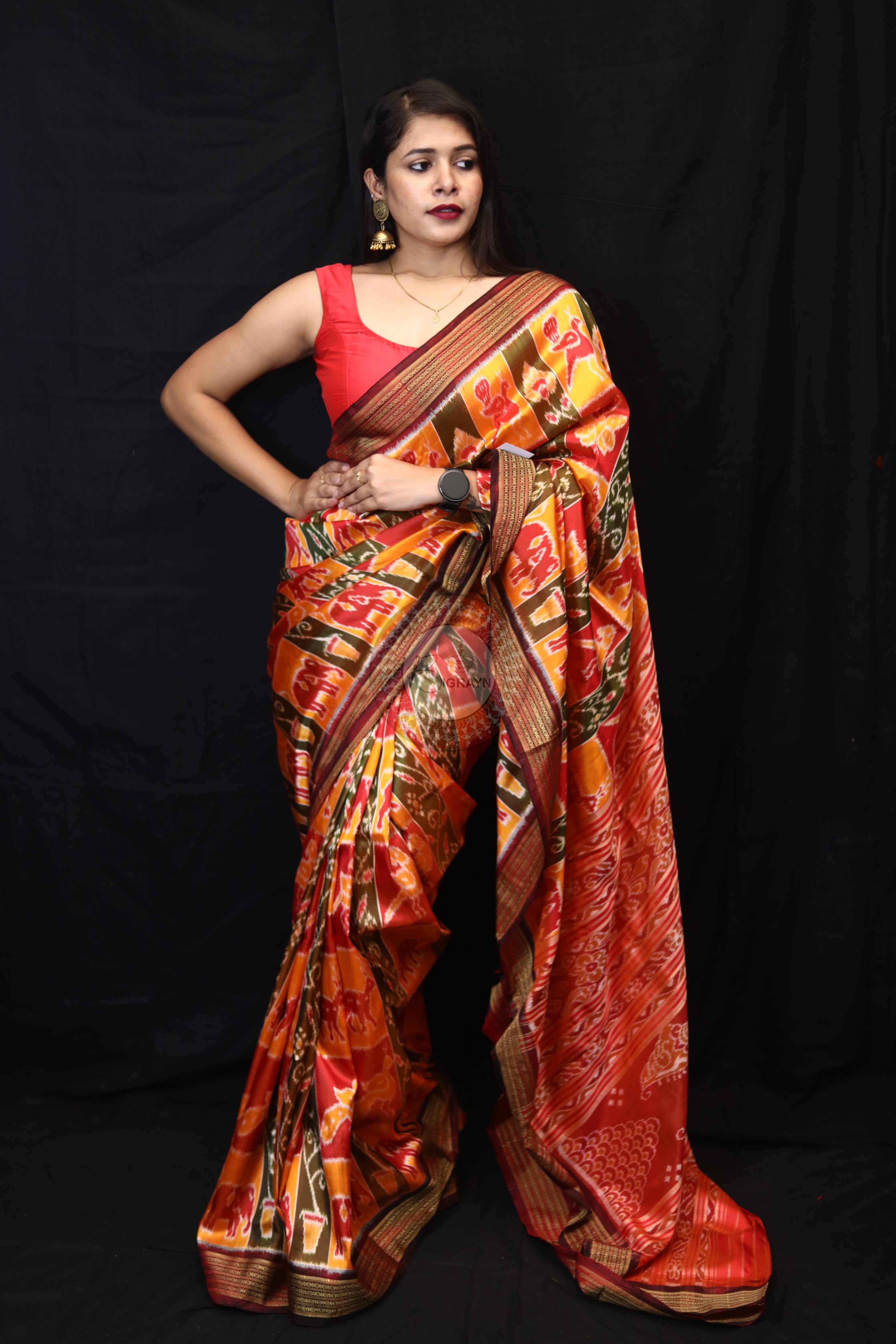 Yellow Red Green Nabakothi Mulberry Silk Saree