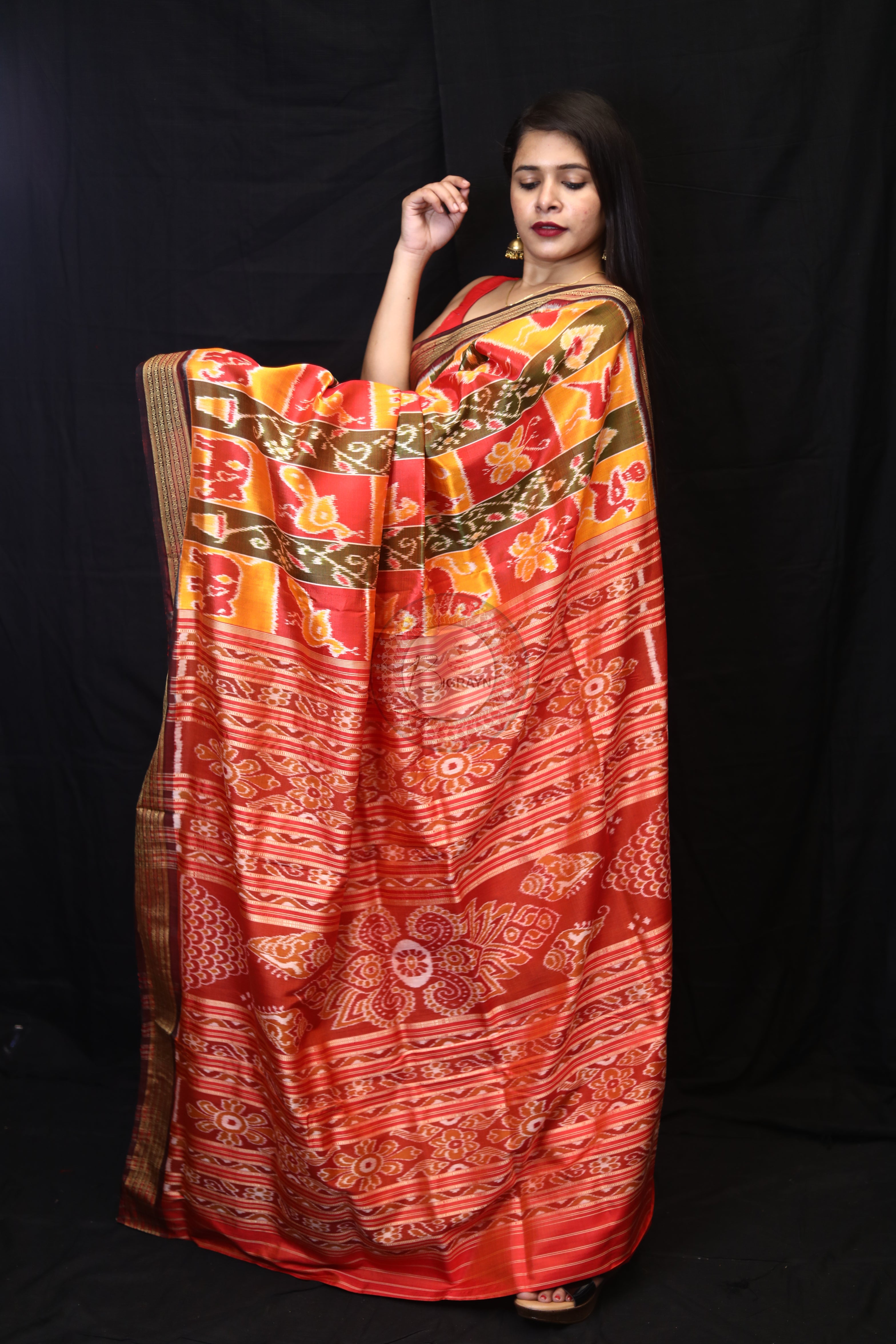 Yellow Red Green Nabakothi Mulberry Silk Saree