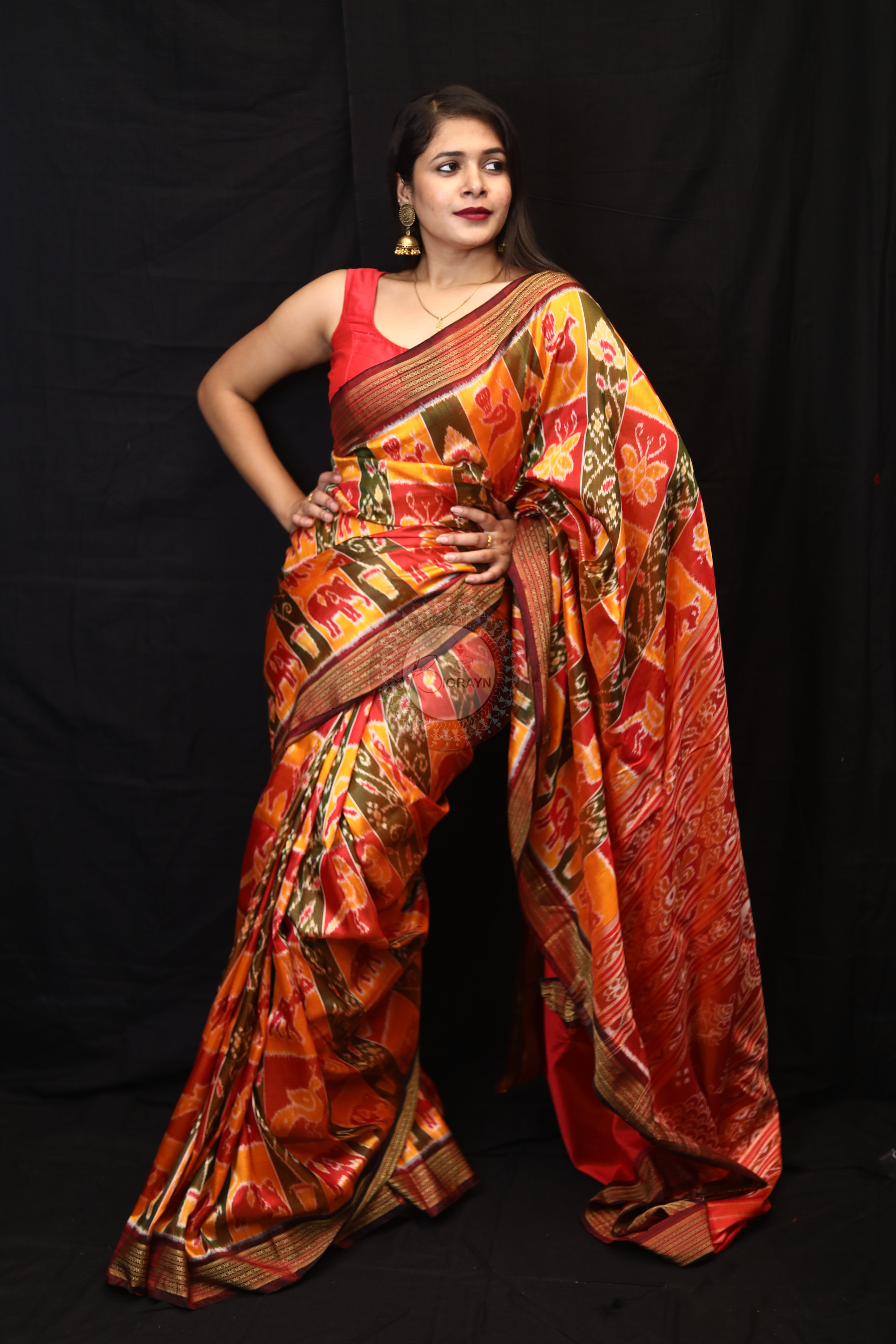 Yellow Red Green Nabakothi Mulberry Silk Saree