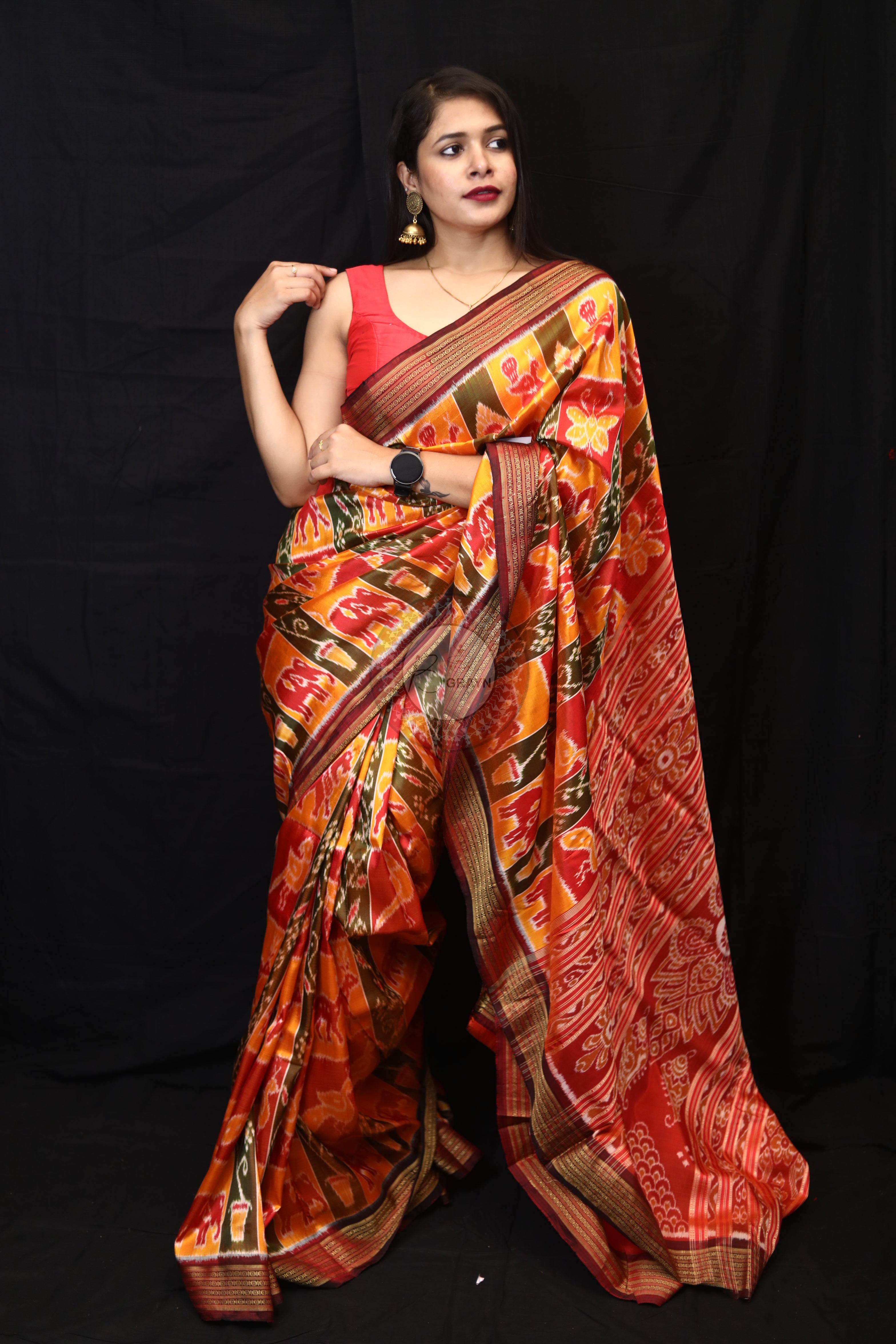 Yellow Red Green Nabakothi Mulberry Silk Saree