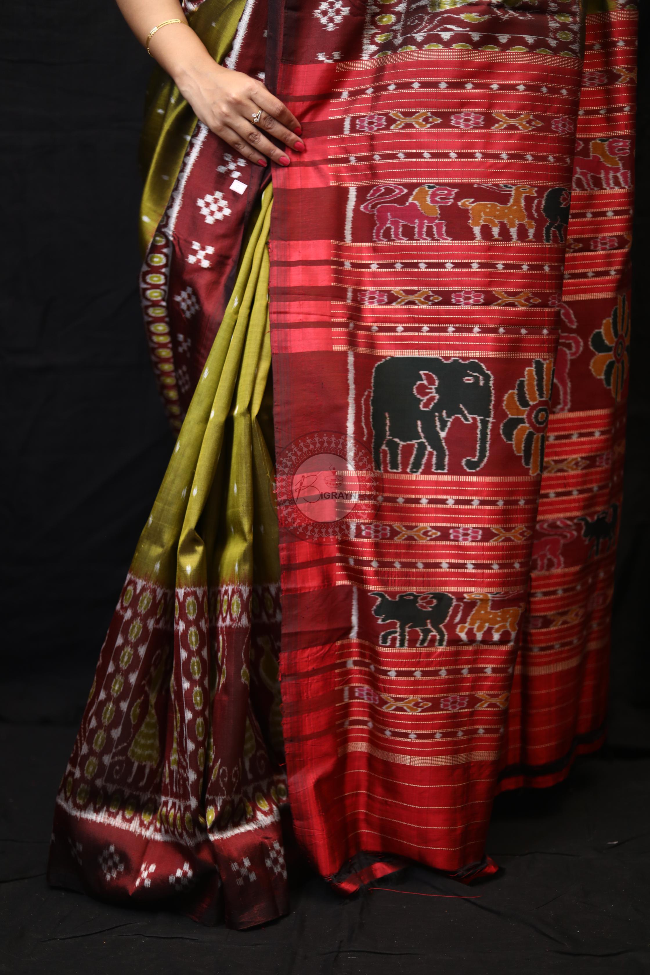 Mehndi Red Tribal Pasapali Border Mulberry Silk Saree