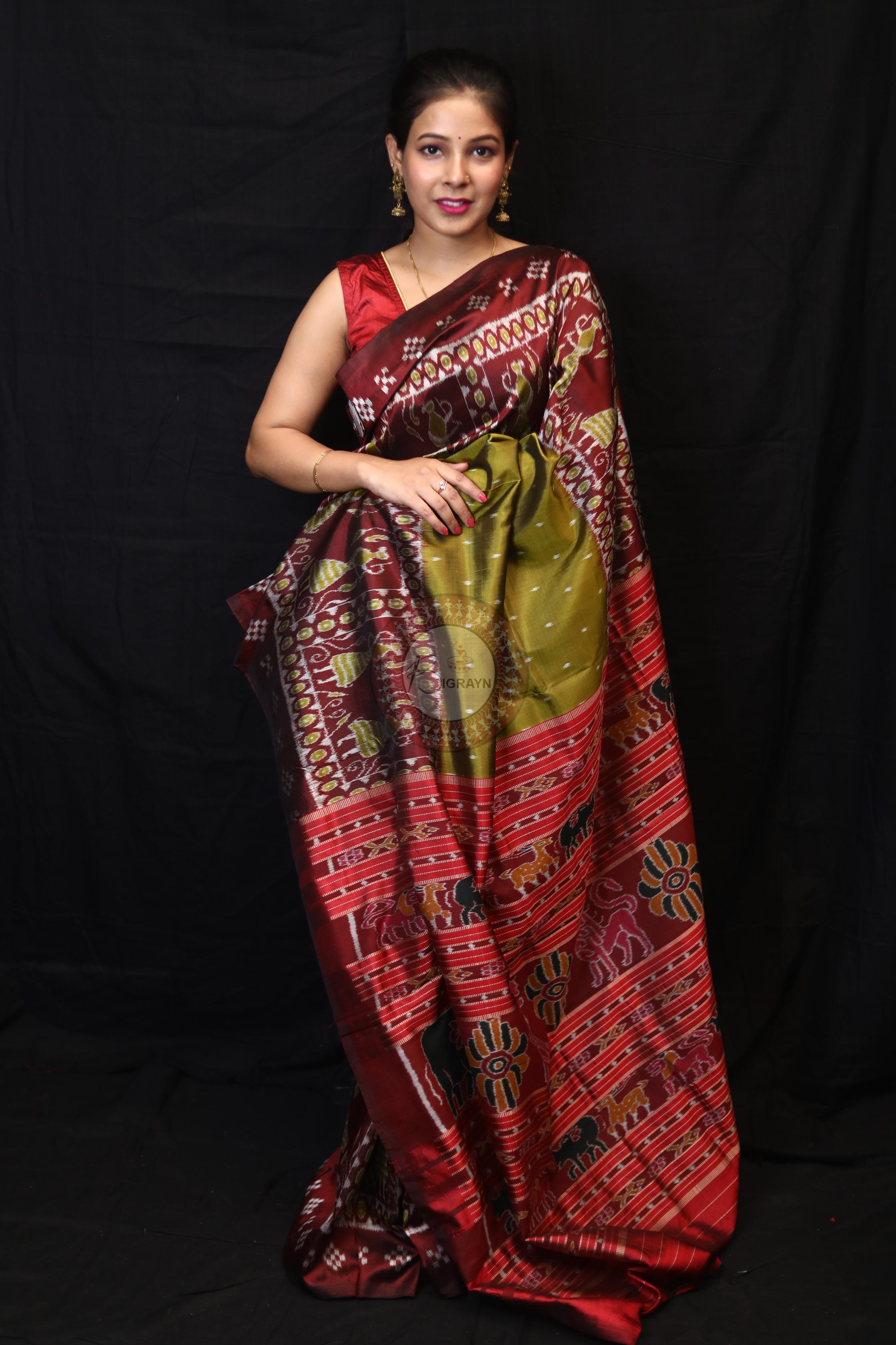 Mehndi Red Tribal Pasapali Border Mulberry Silk Saree