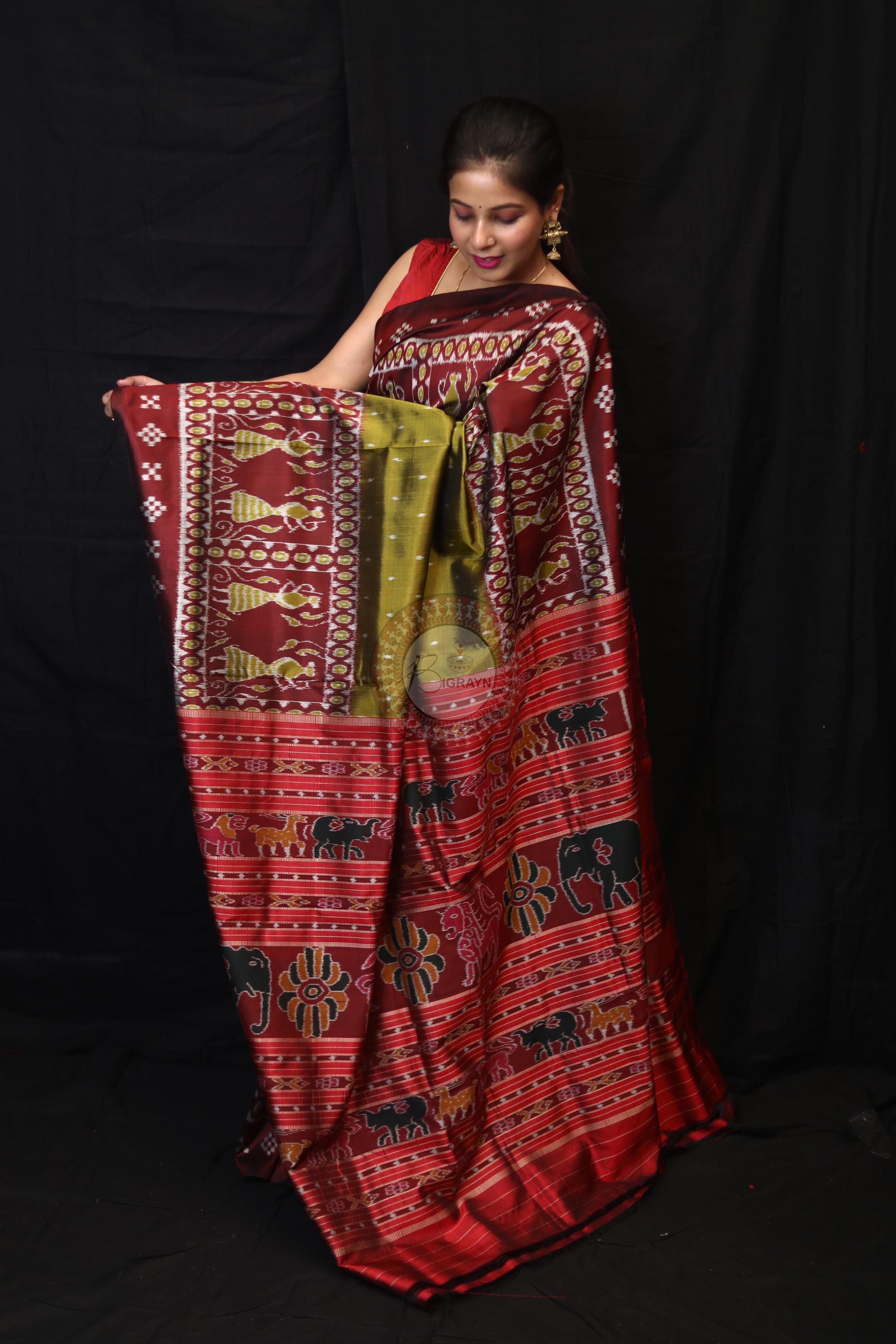 Mehndi Red Tribal Pasapali Border Mulberry Silk Saree