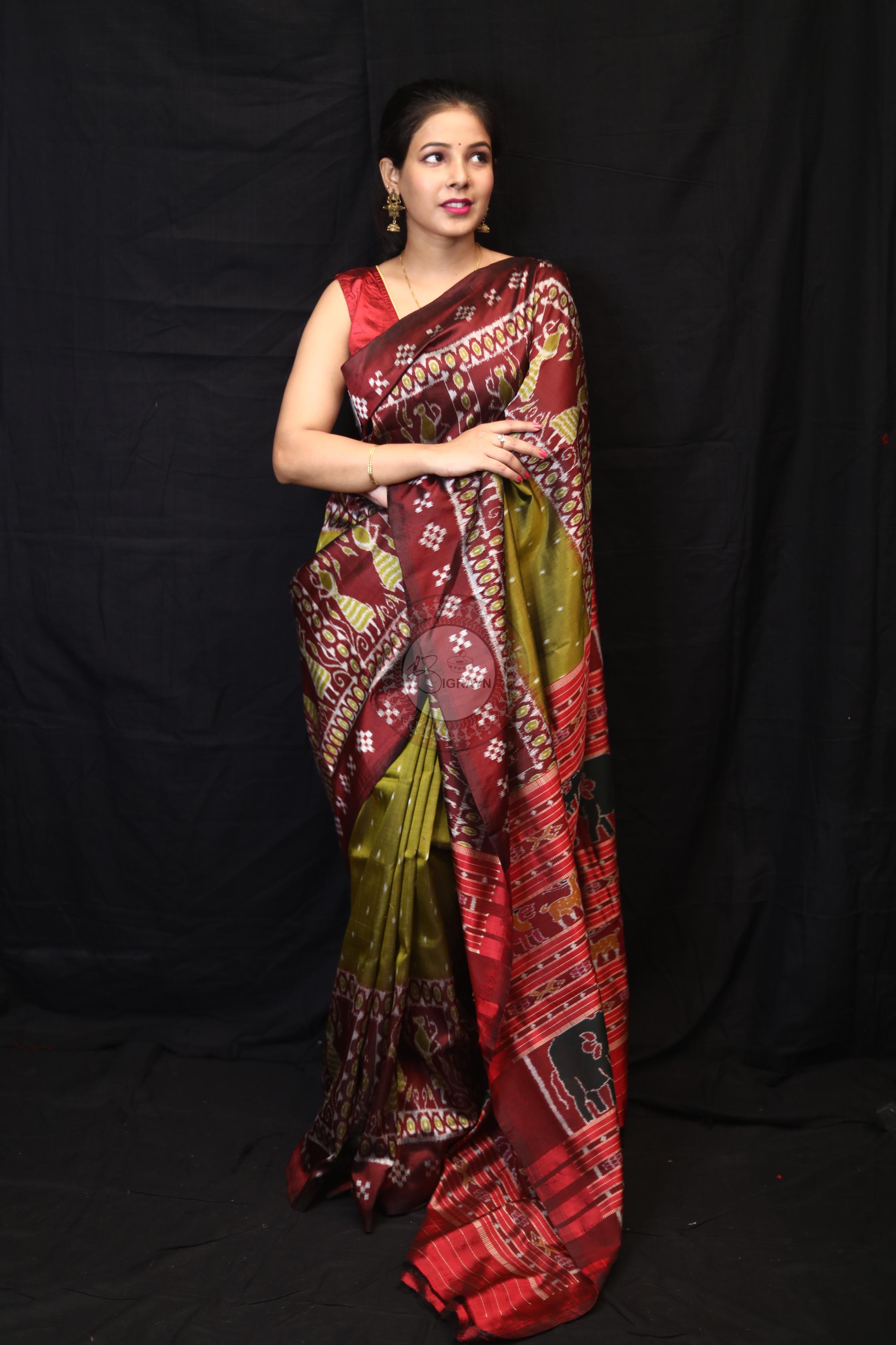 Mehndi Red Tribal Pasapali Border Mulberry Silk Saree