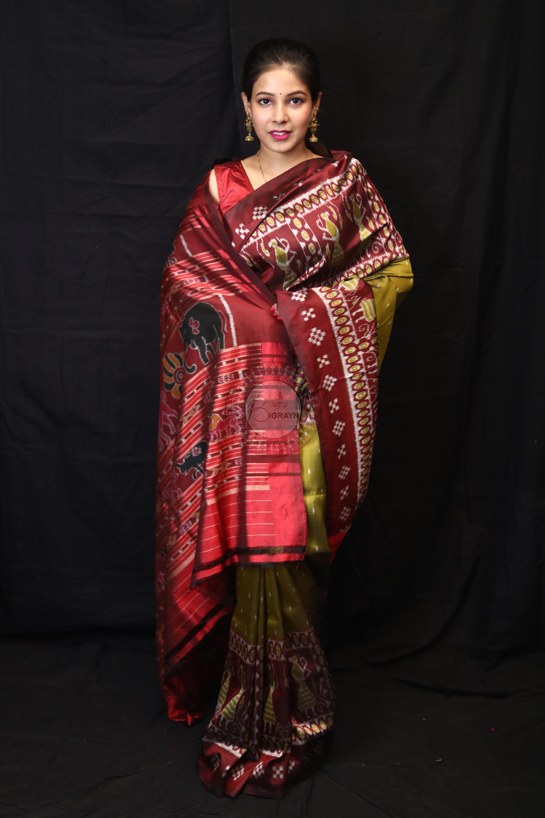 Mehndi Red Tribal Pasapali Border Mulberry Silk Saree