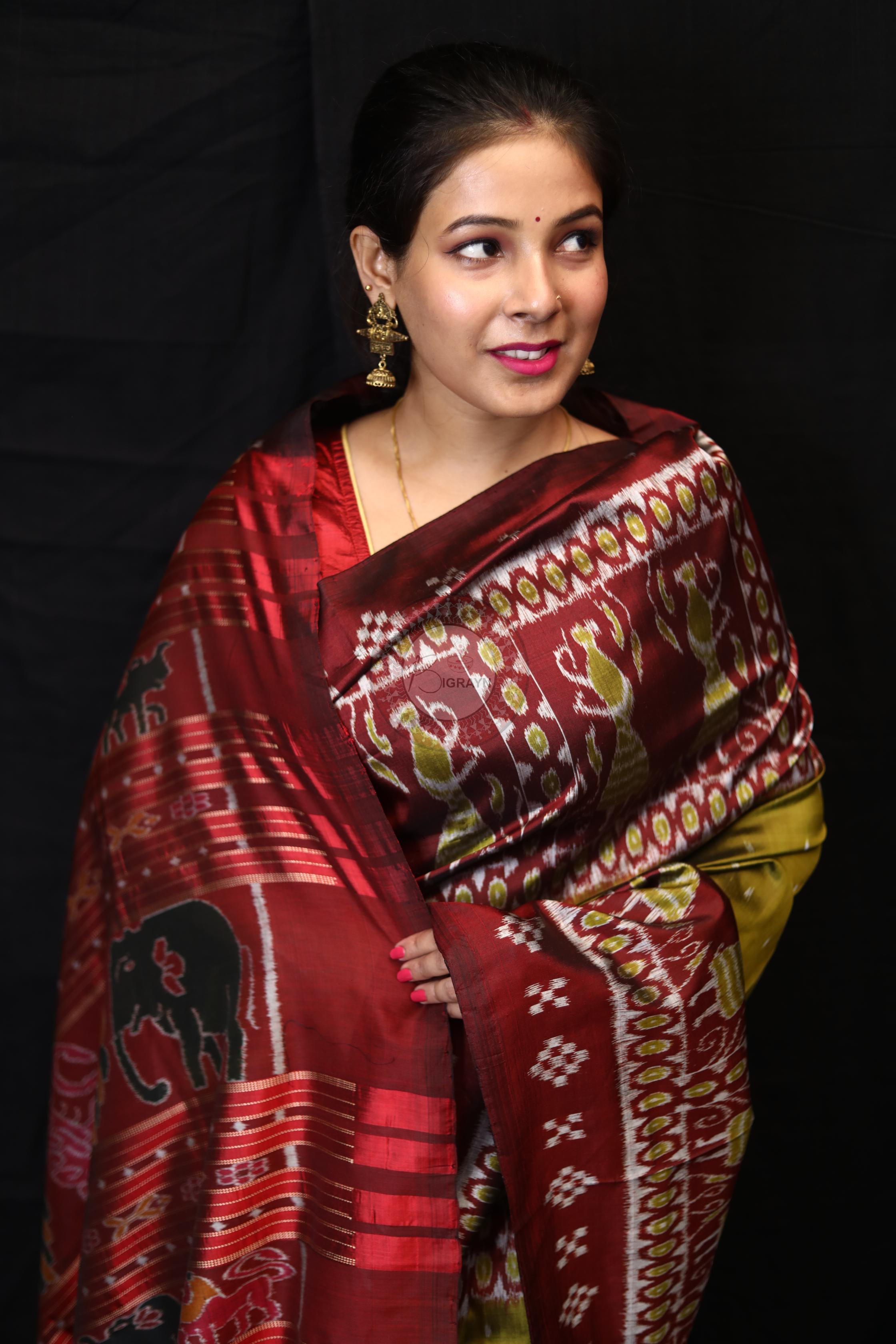 Mehndi Red Tribal Pasapali Border Mulberry Silk Saree