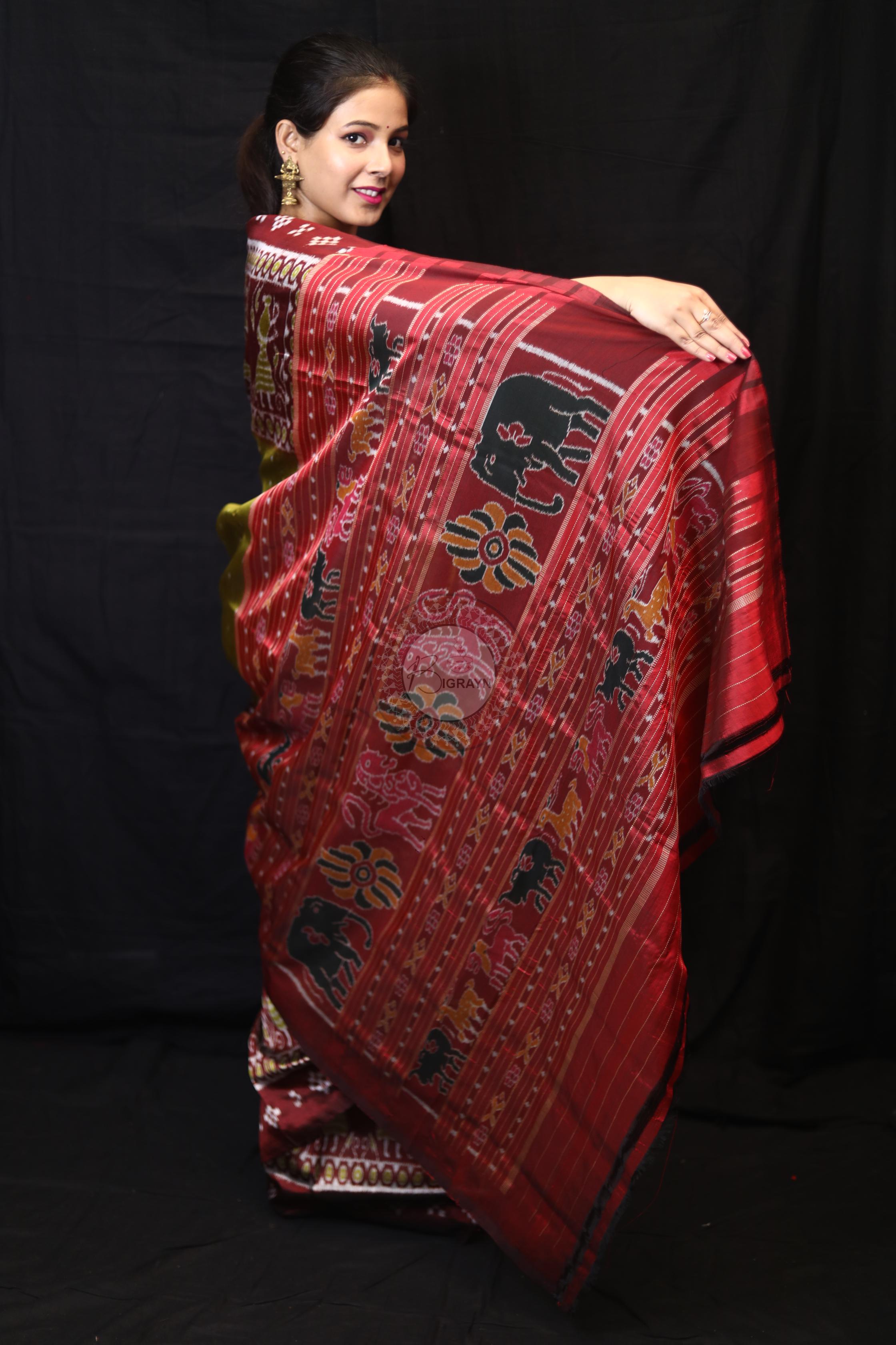 Mehndi Red Tribal Pasapali Border Mulberry Silk Saree