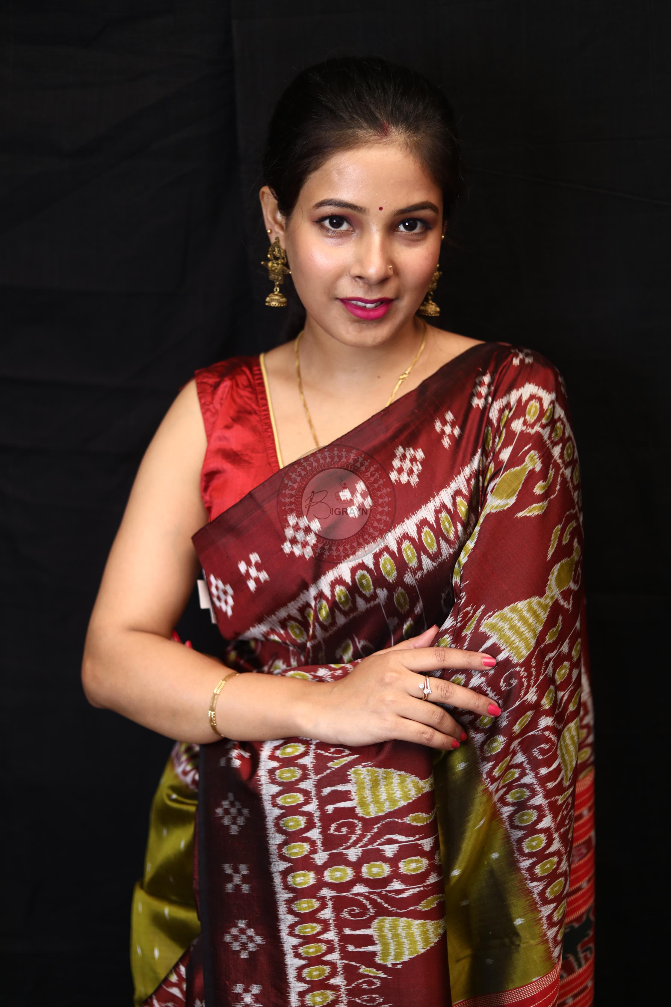 Mehndi Red Tribal Pasapali Border Mulberry Silk Saree
