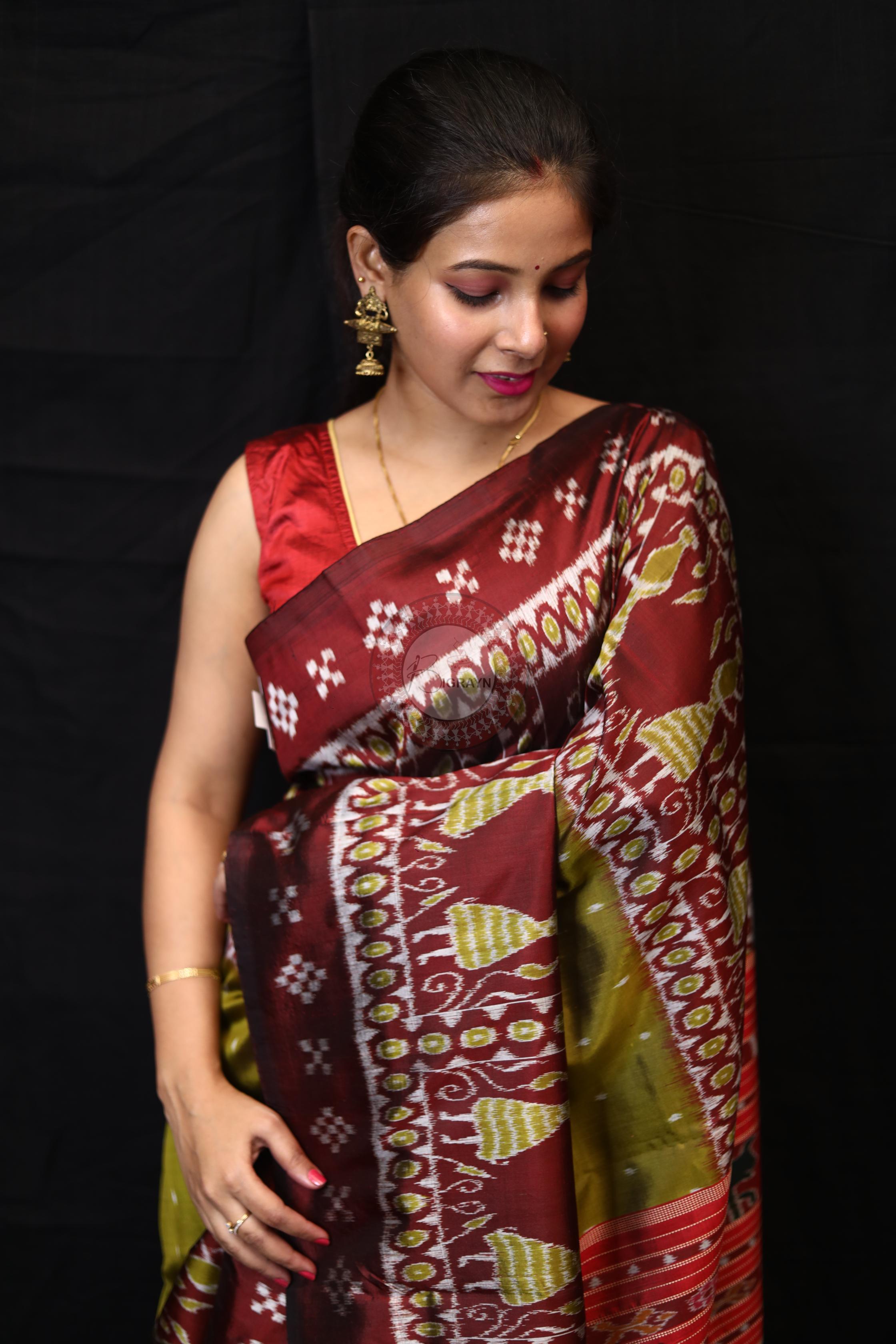 Mehndi Red Tribal Pasapali Border Mulberry Silk Saree