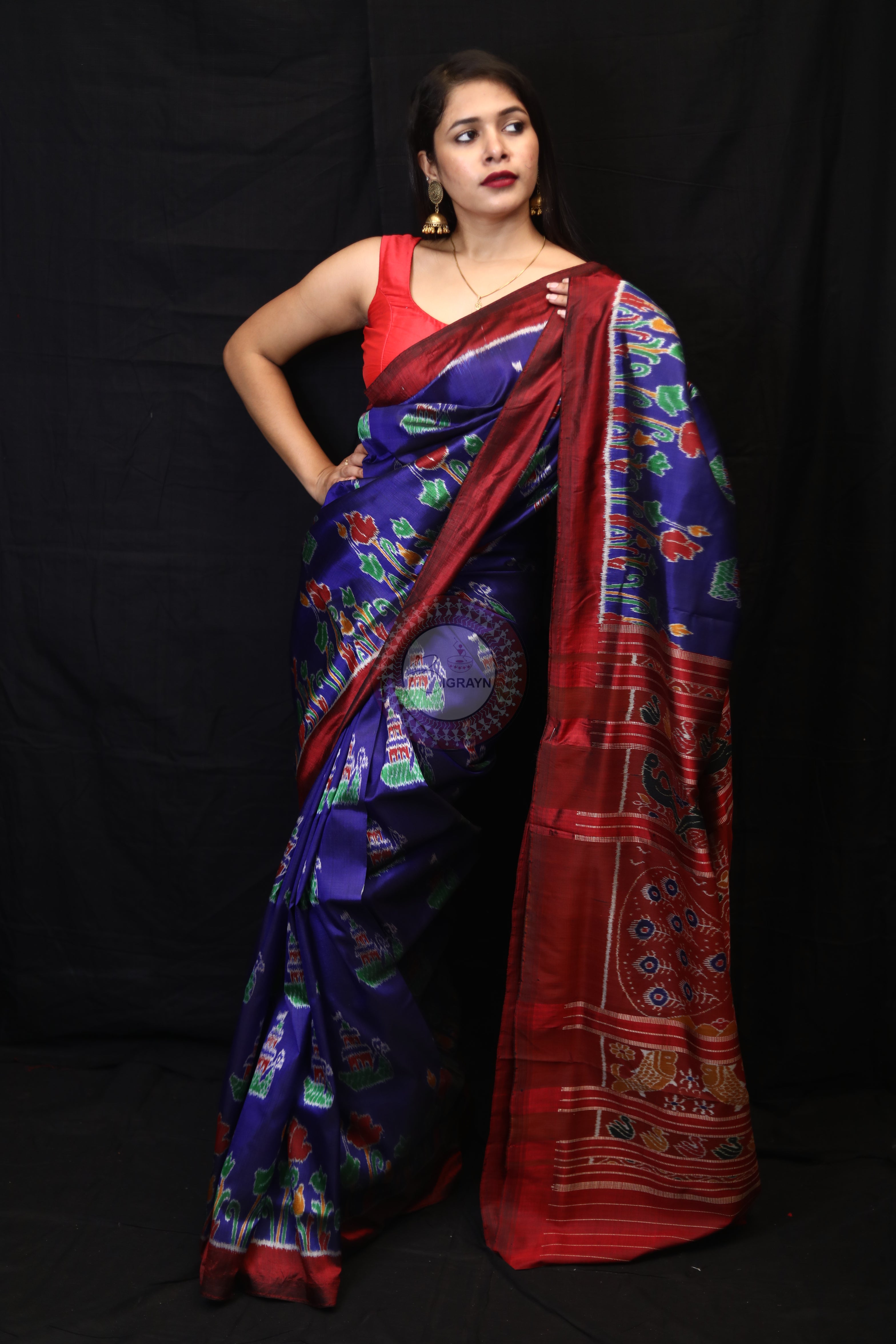Blue Red Tulips Boita Mulberry Silk Saree