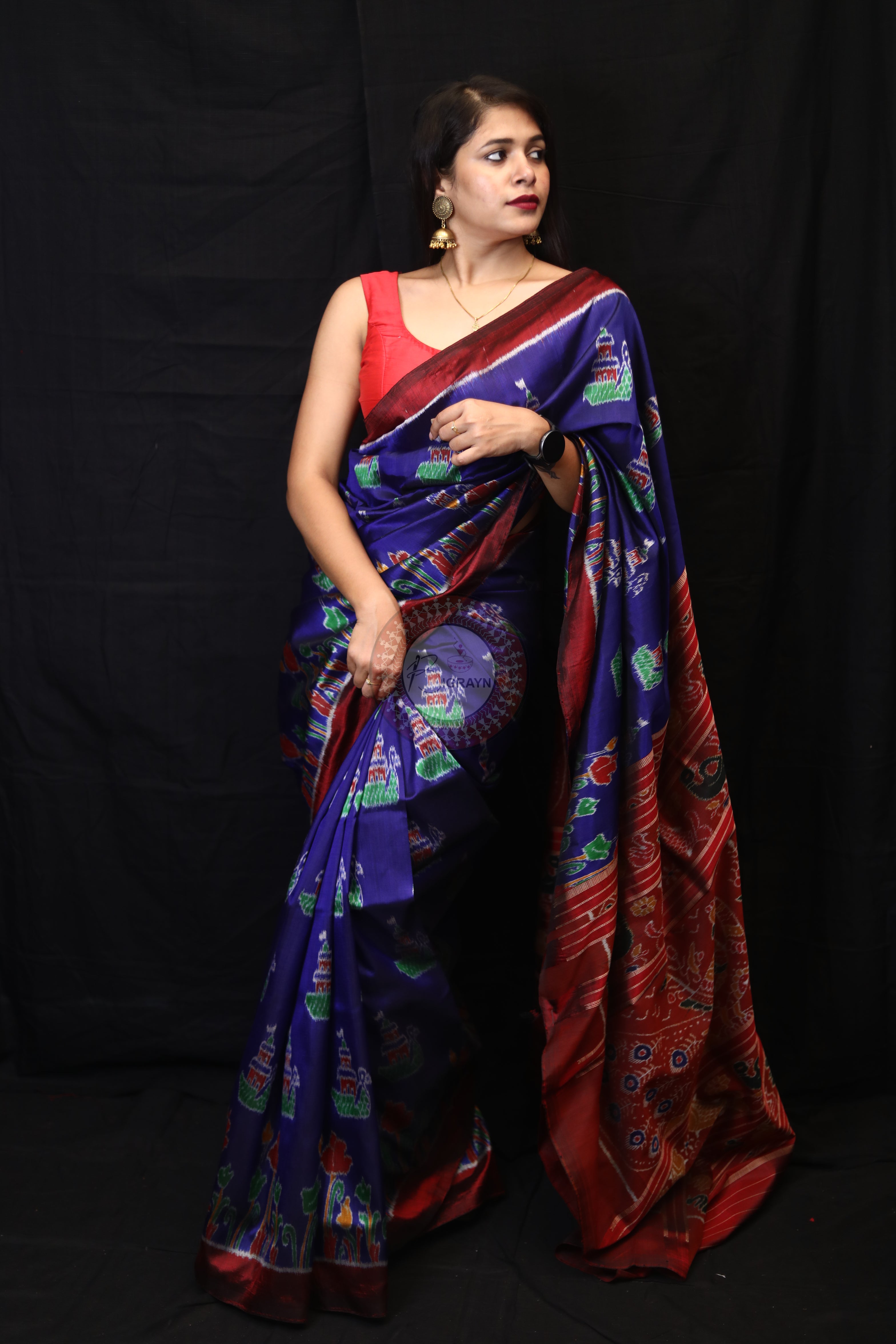 Blue Red Tulips Boita Mulberry Silk Saree