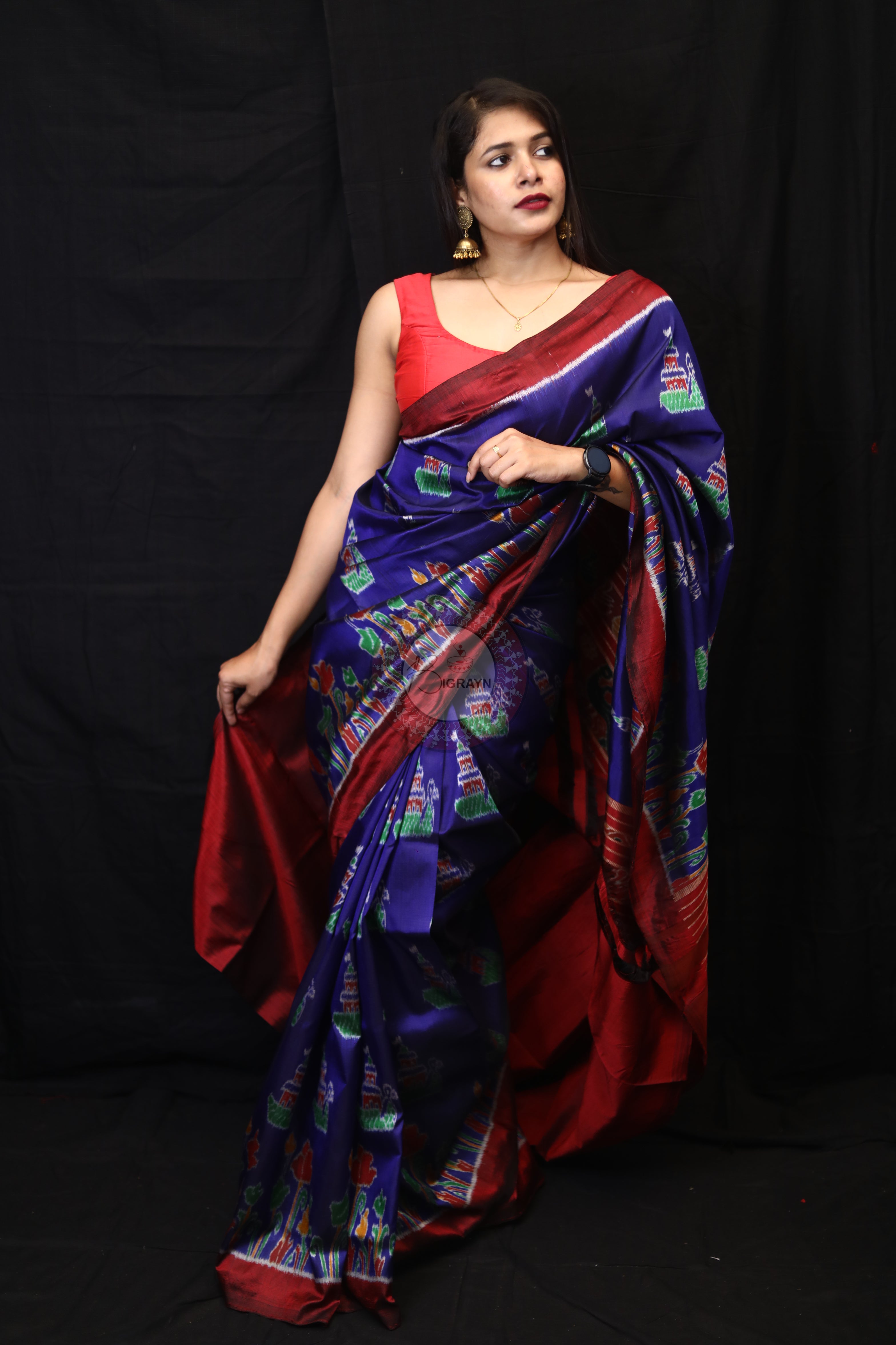 Blue Red Tulips Boita Mulberry Silk Saree