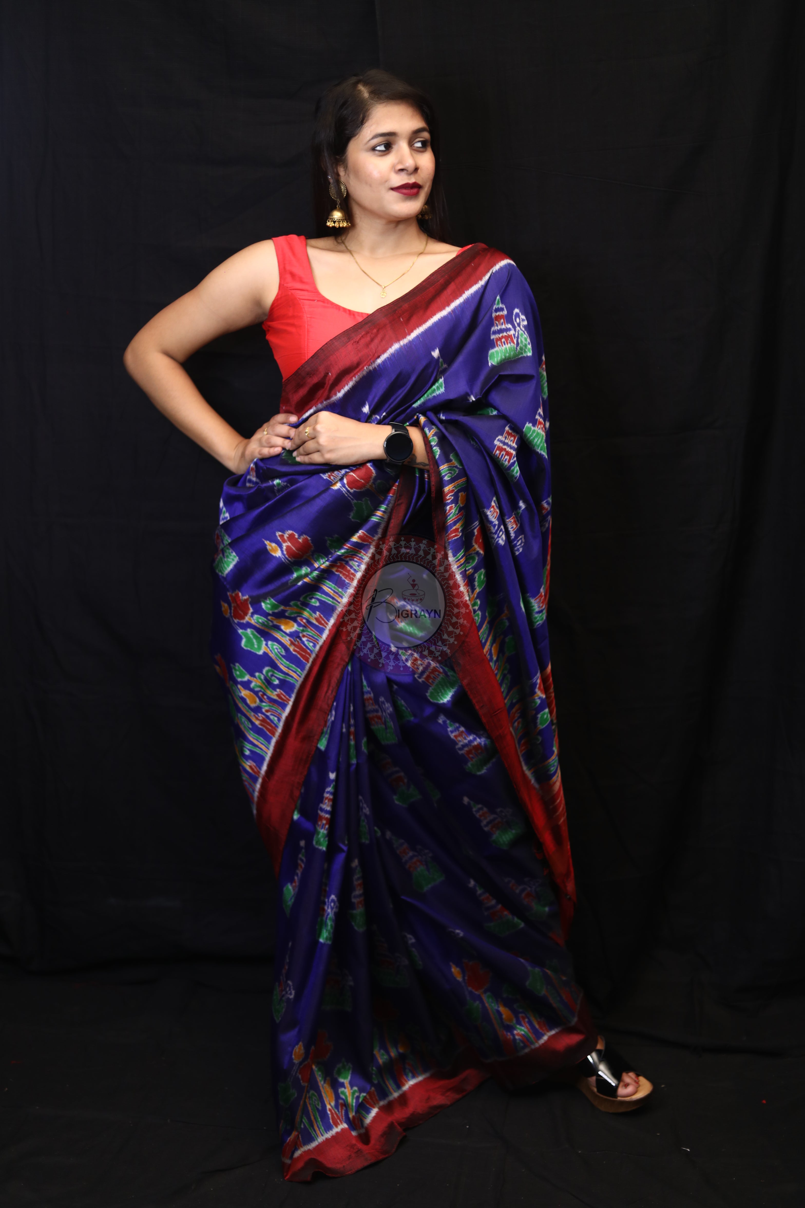 Blue Red Tulips Boita Mulberry Silk Saree