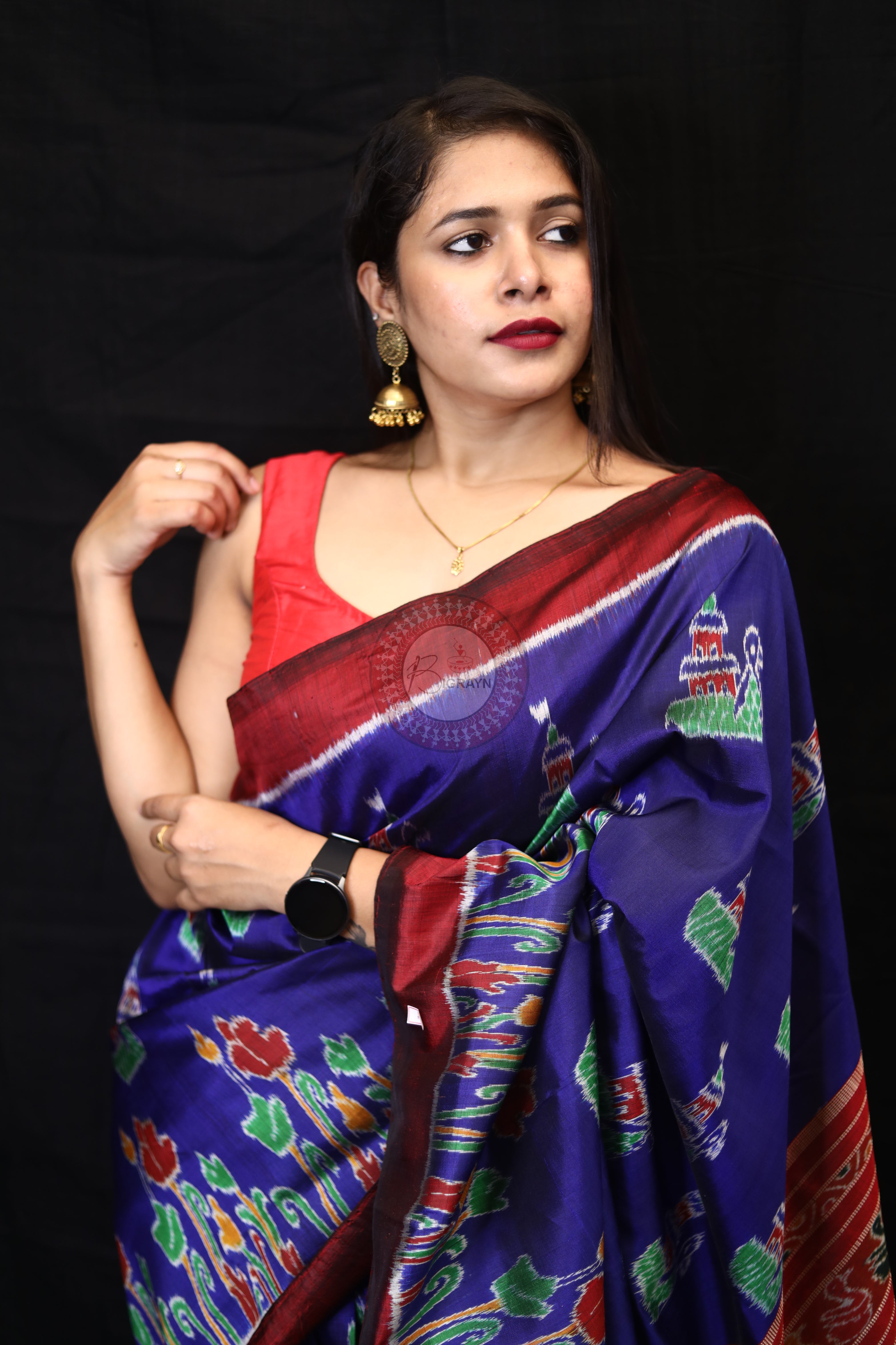 Blue Red Tulips Boita Mulberry Silk Saree