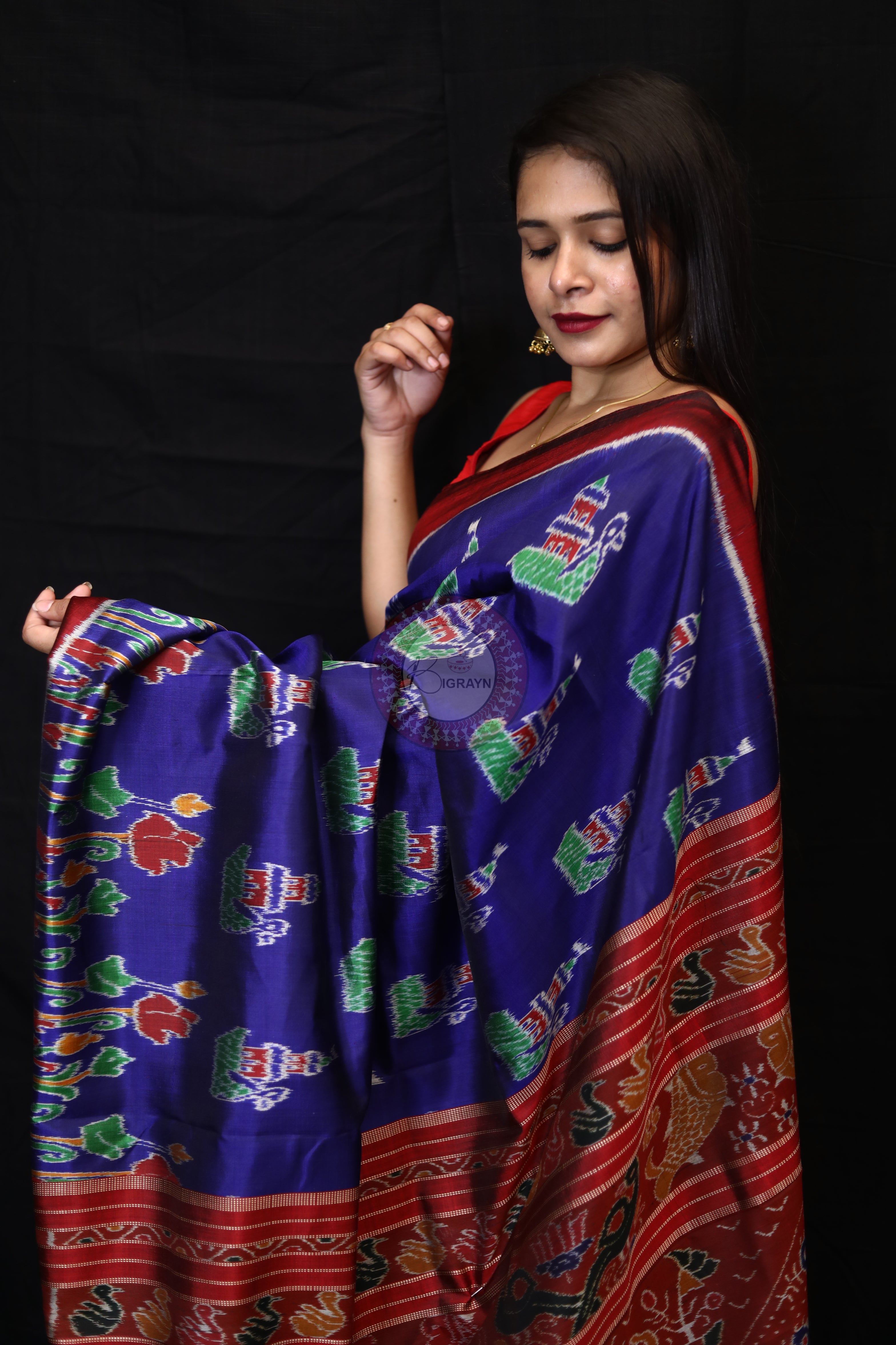 Blue Red Tulips Boita Mulberry Silk Saree