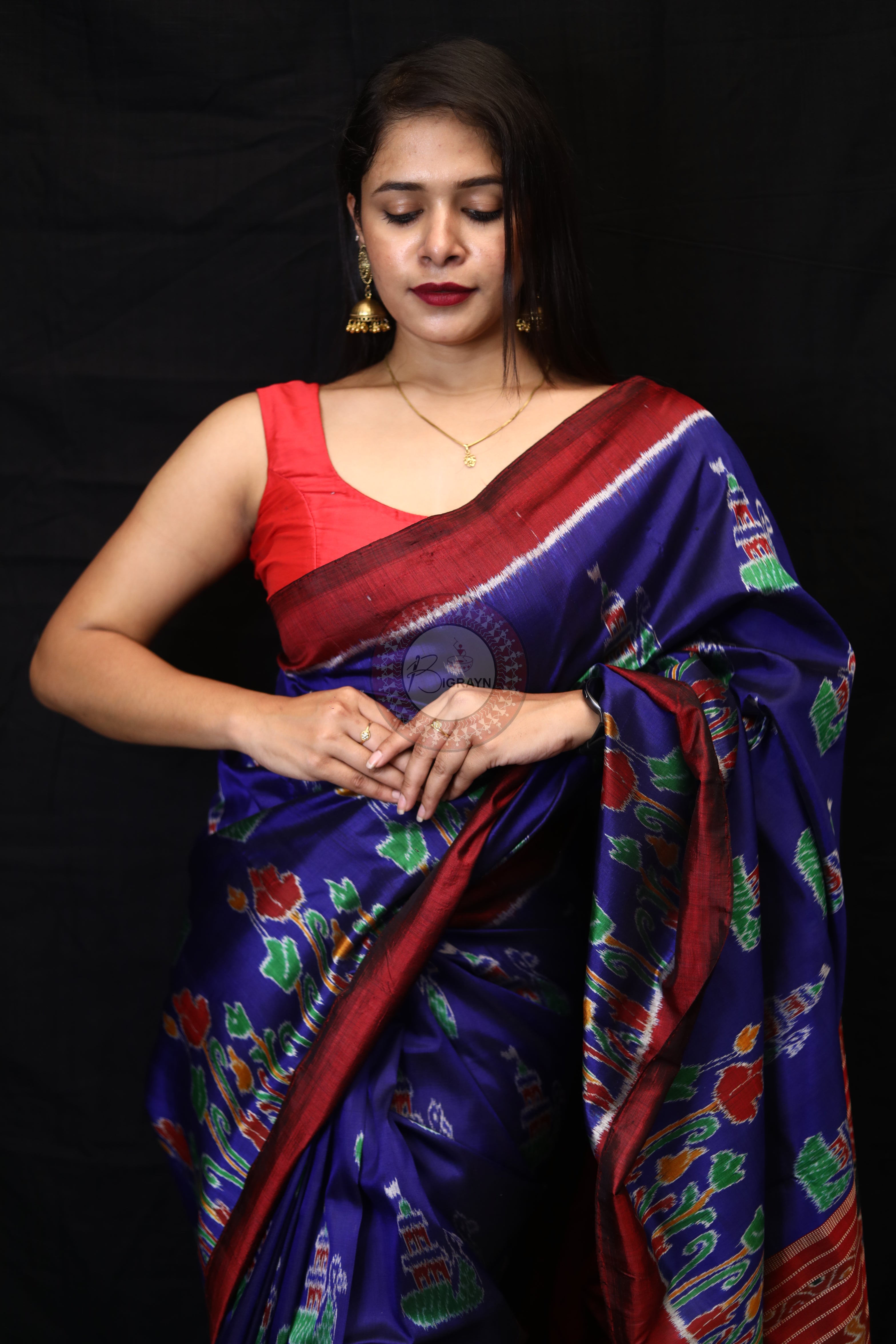Blue Red Tulips Boita Mulberry Silk Saree