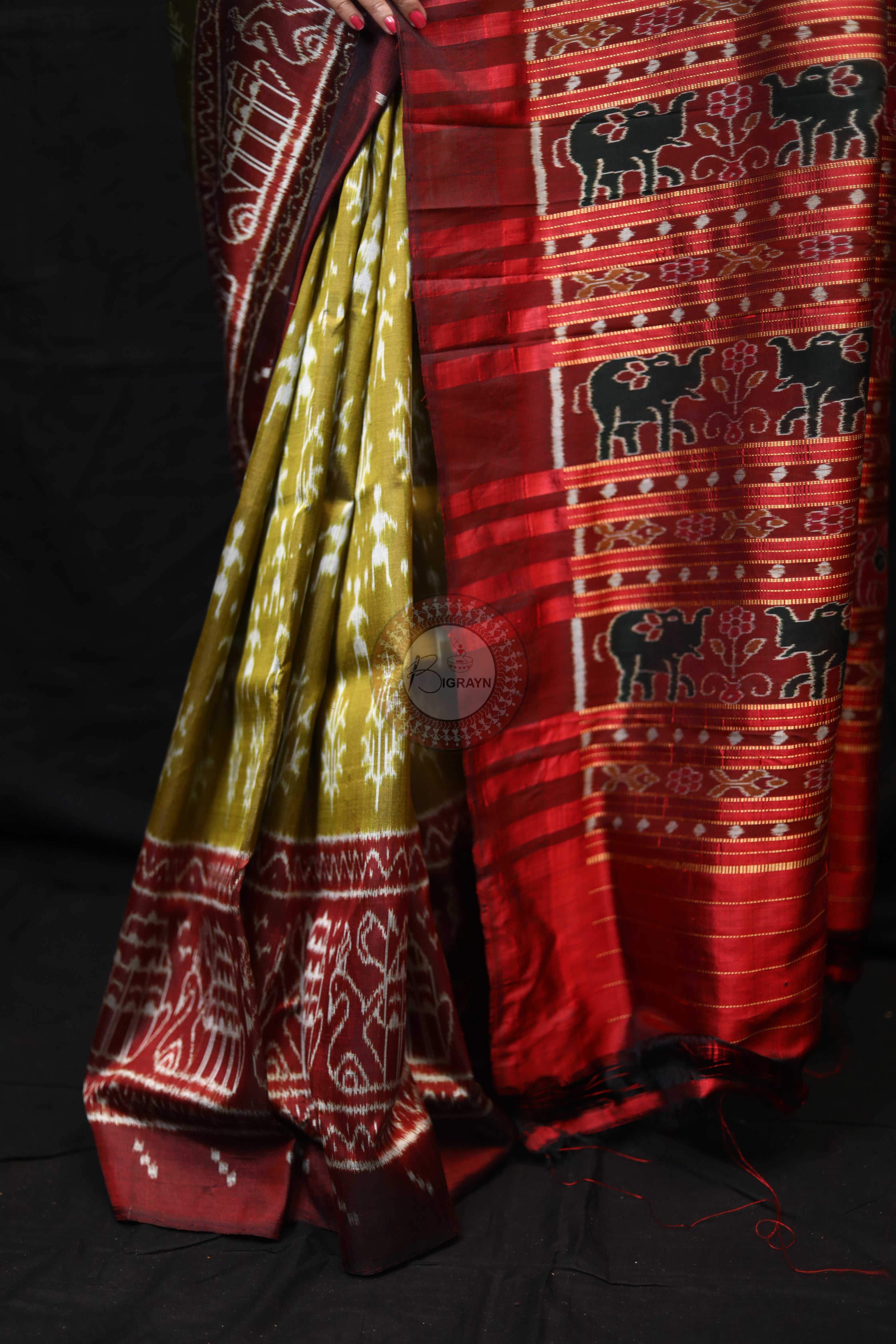 Mehndi Red Tribal Tree Mulberry Silk Saree