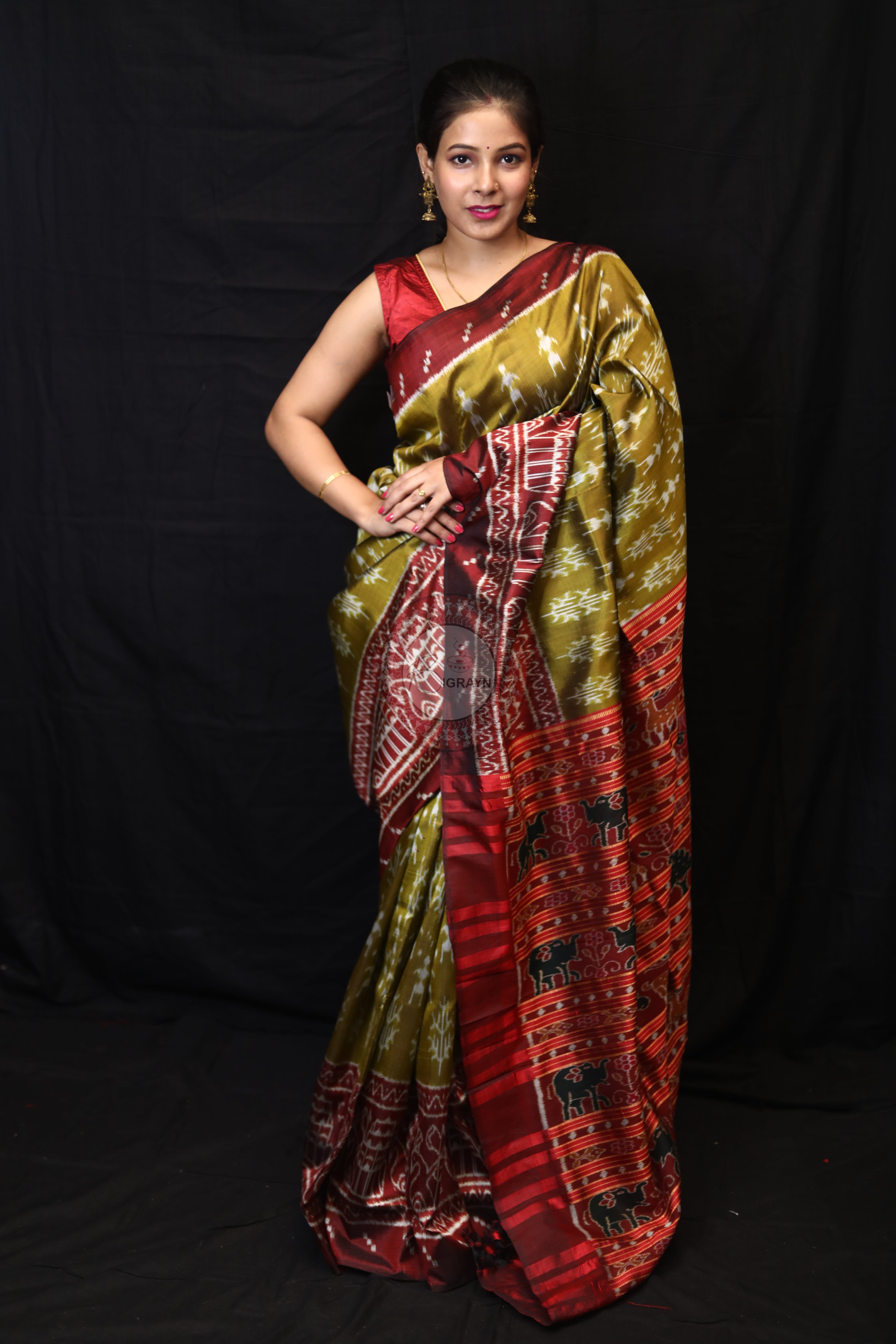 Mehndi Red Tribal Tree Mulberry Silk Saree