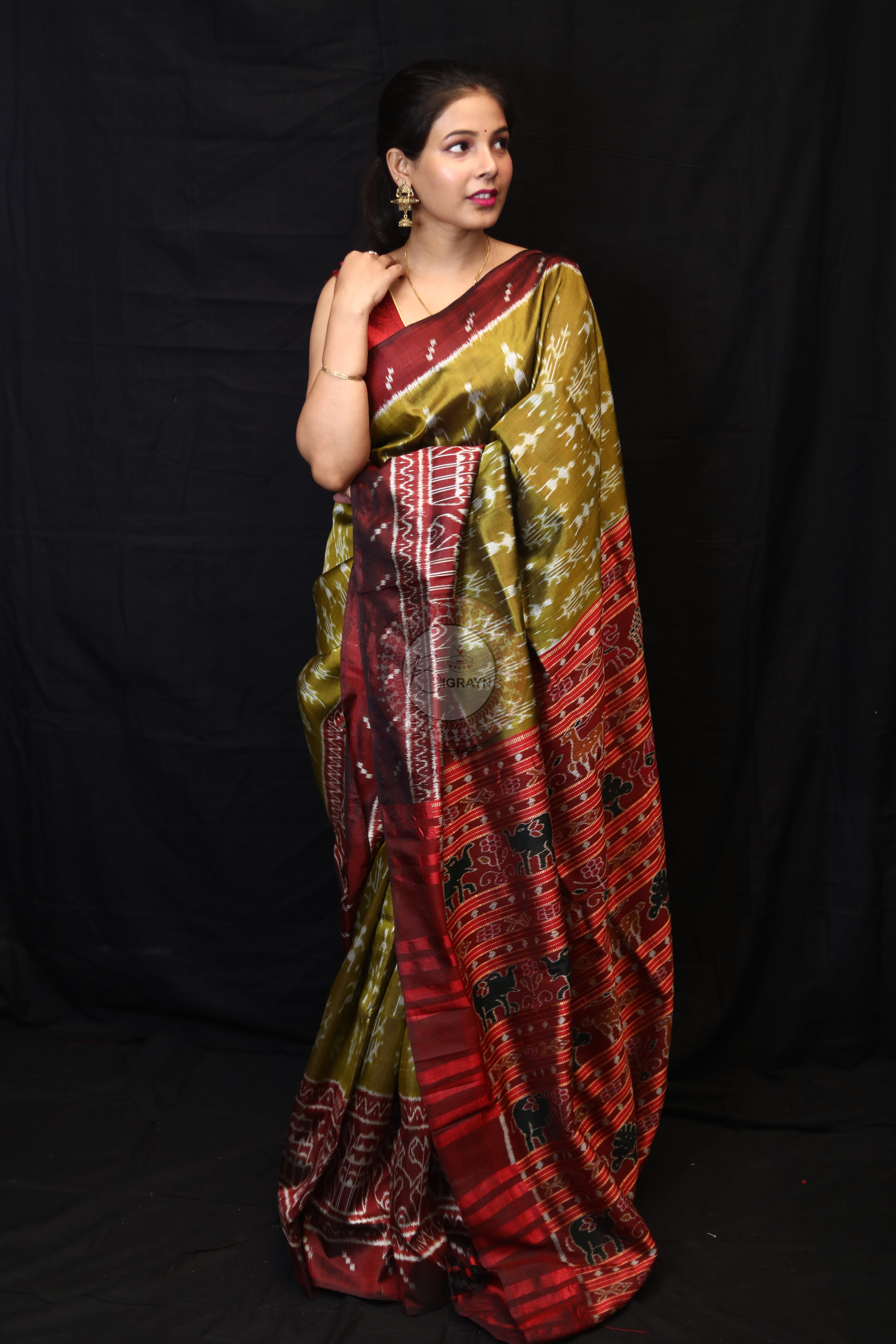 Mehndi Red Tribal Tree Mulberry Silk Saree