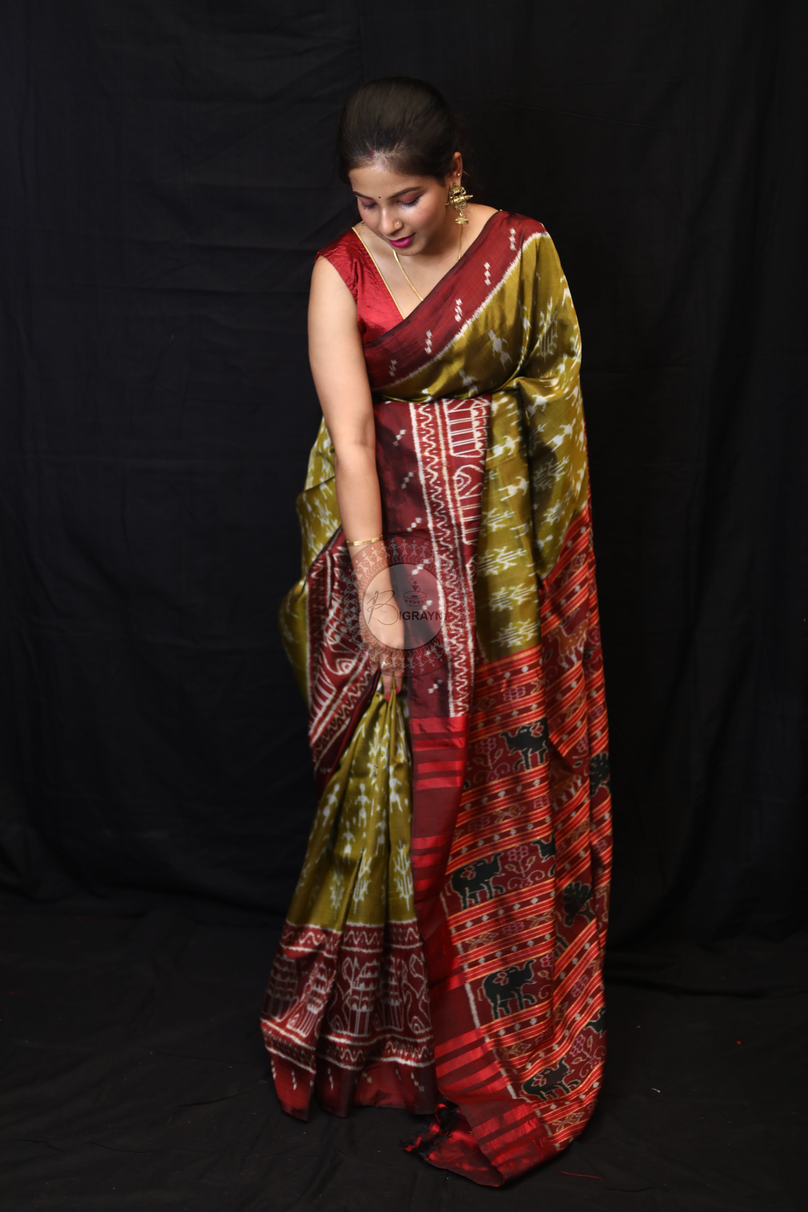 Mehndi Red Tribal Tree Mulberry Silk Saree