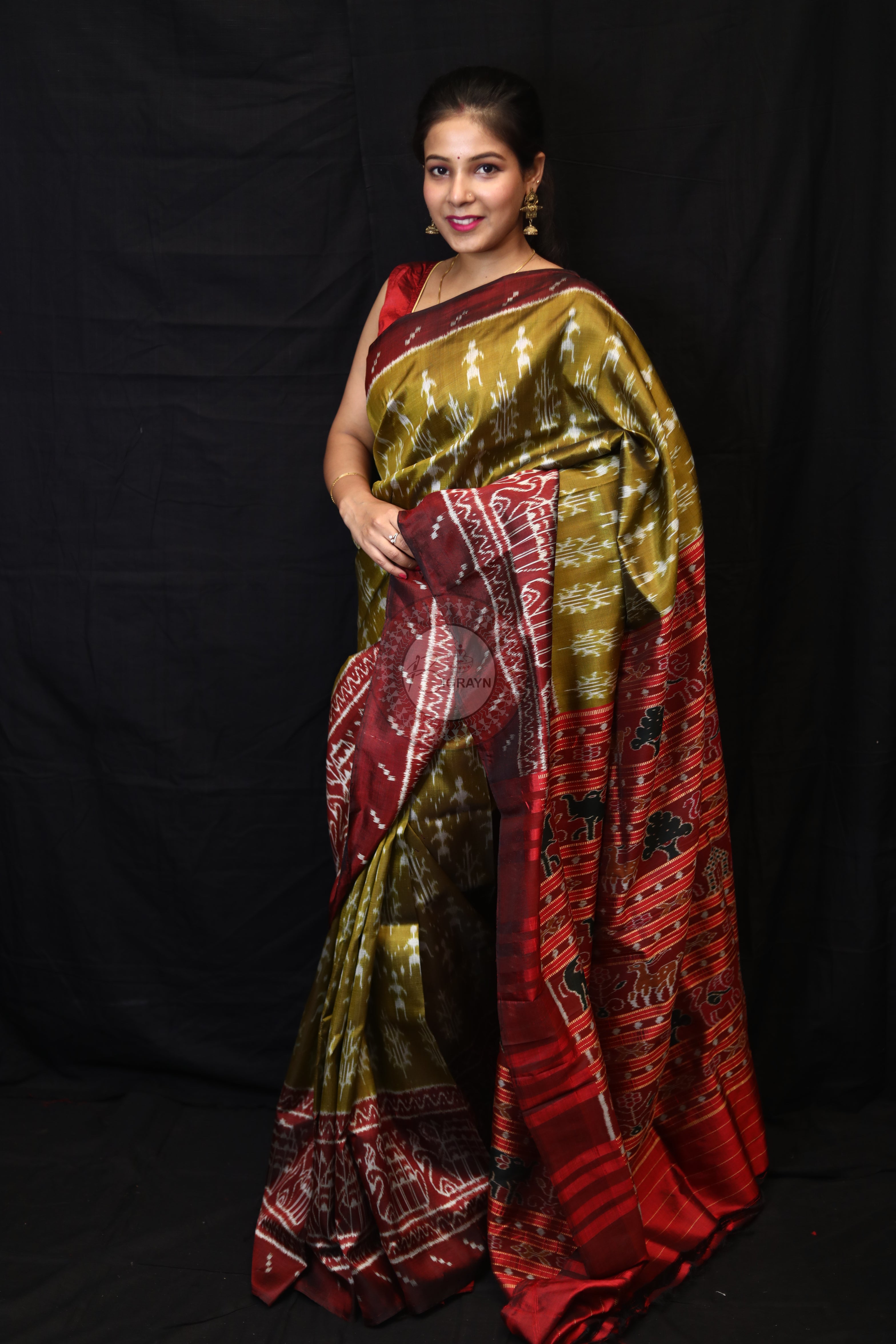 Mehndi Red Tribal Tree Mulberry Silk Saree