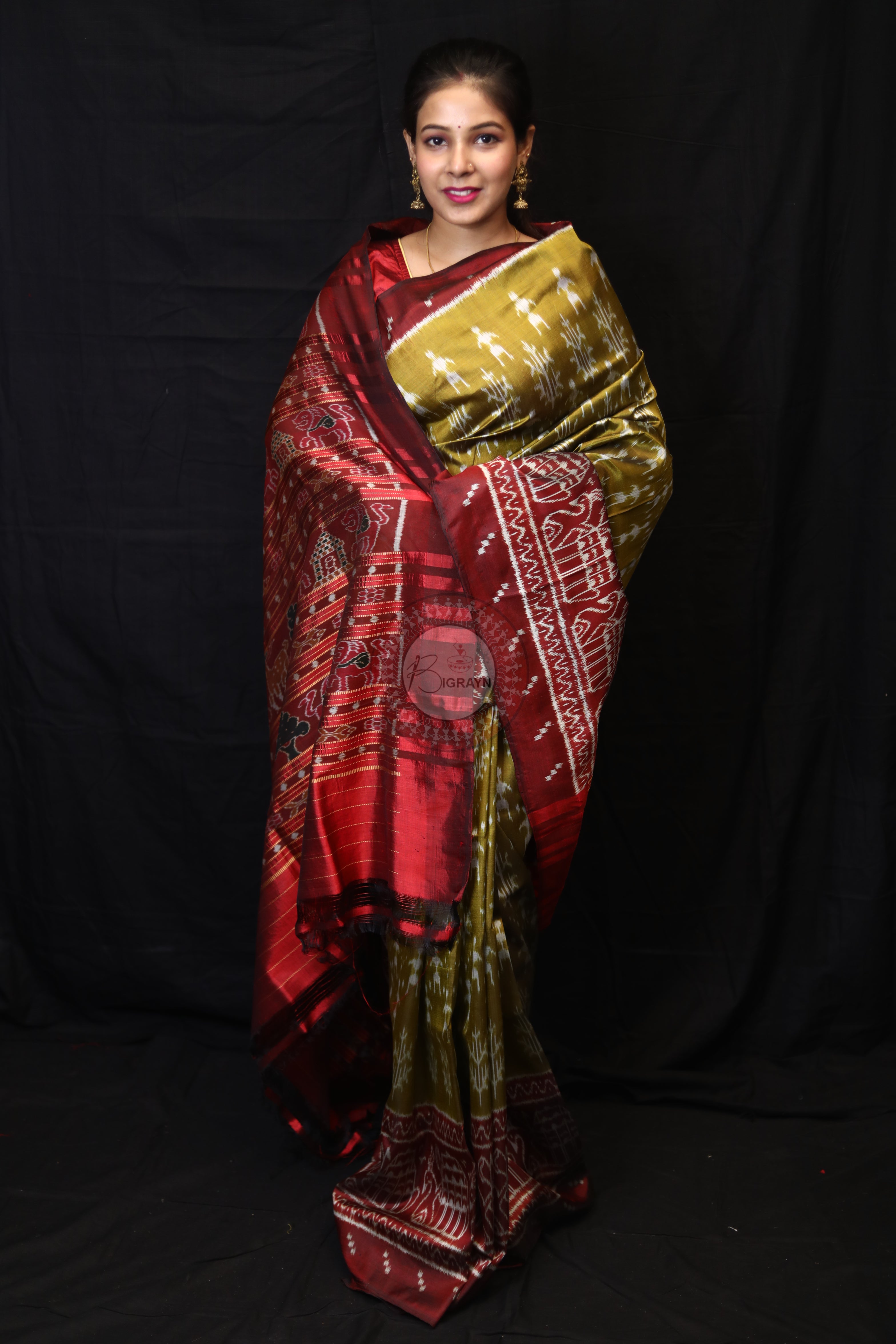 Mehndi Red Tribal Tree Mulberry Silk Saree