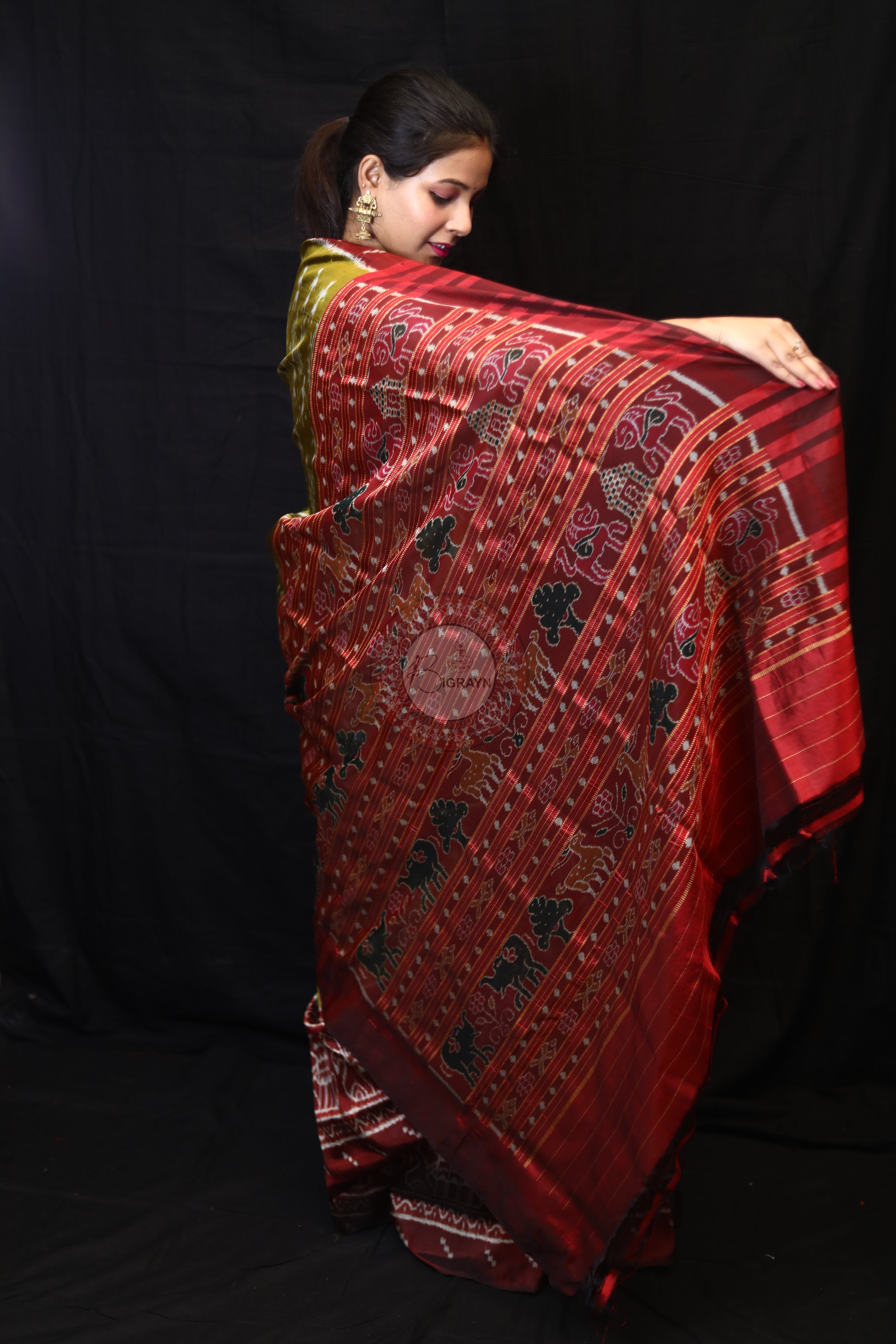 Mehndi Red Tribal Tree Mulberry Silk Saree