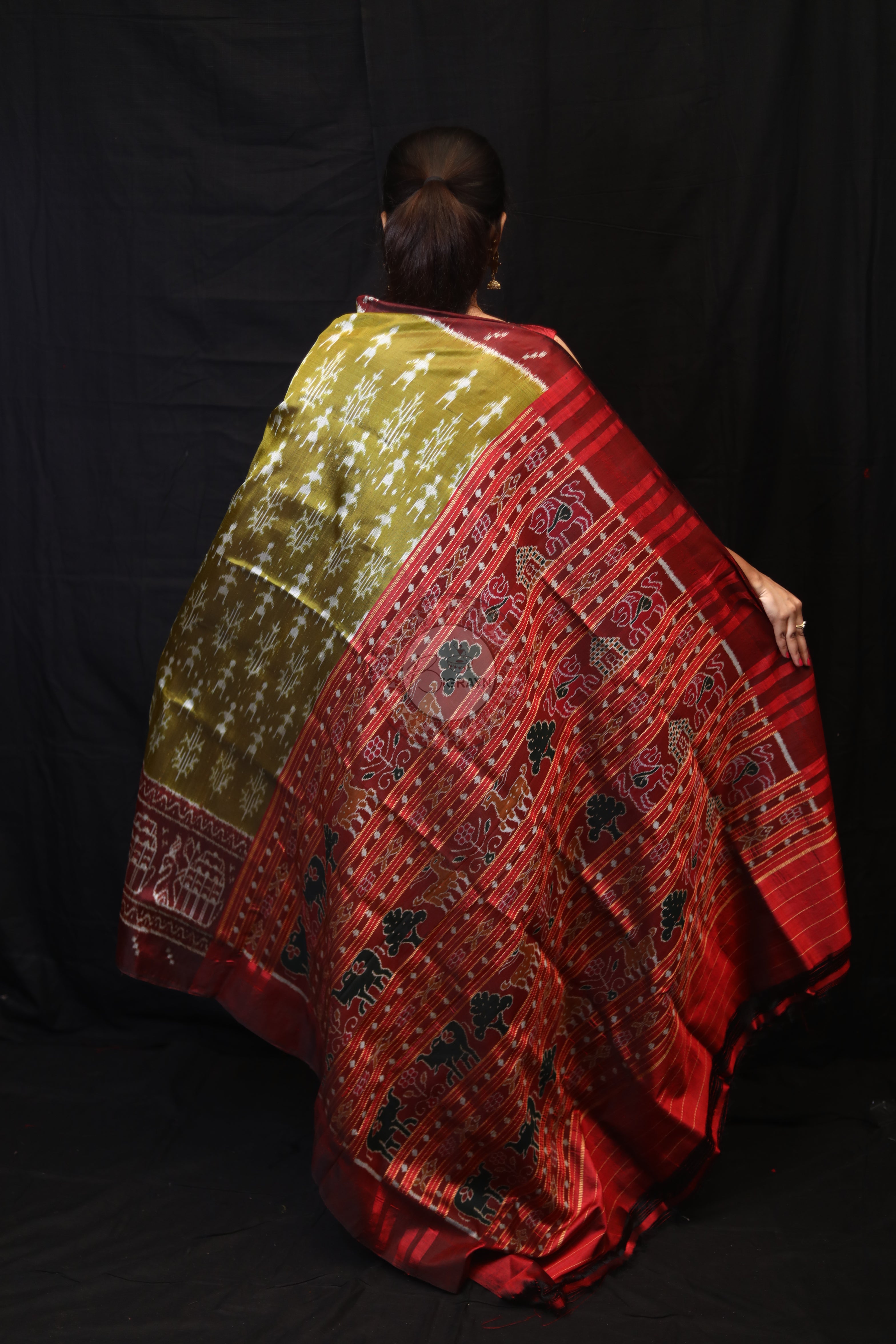 Mehndi Red Tribal Tree Mulberry Silk Saree