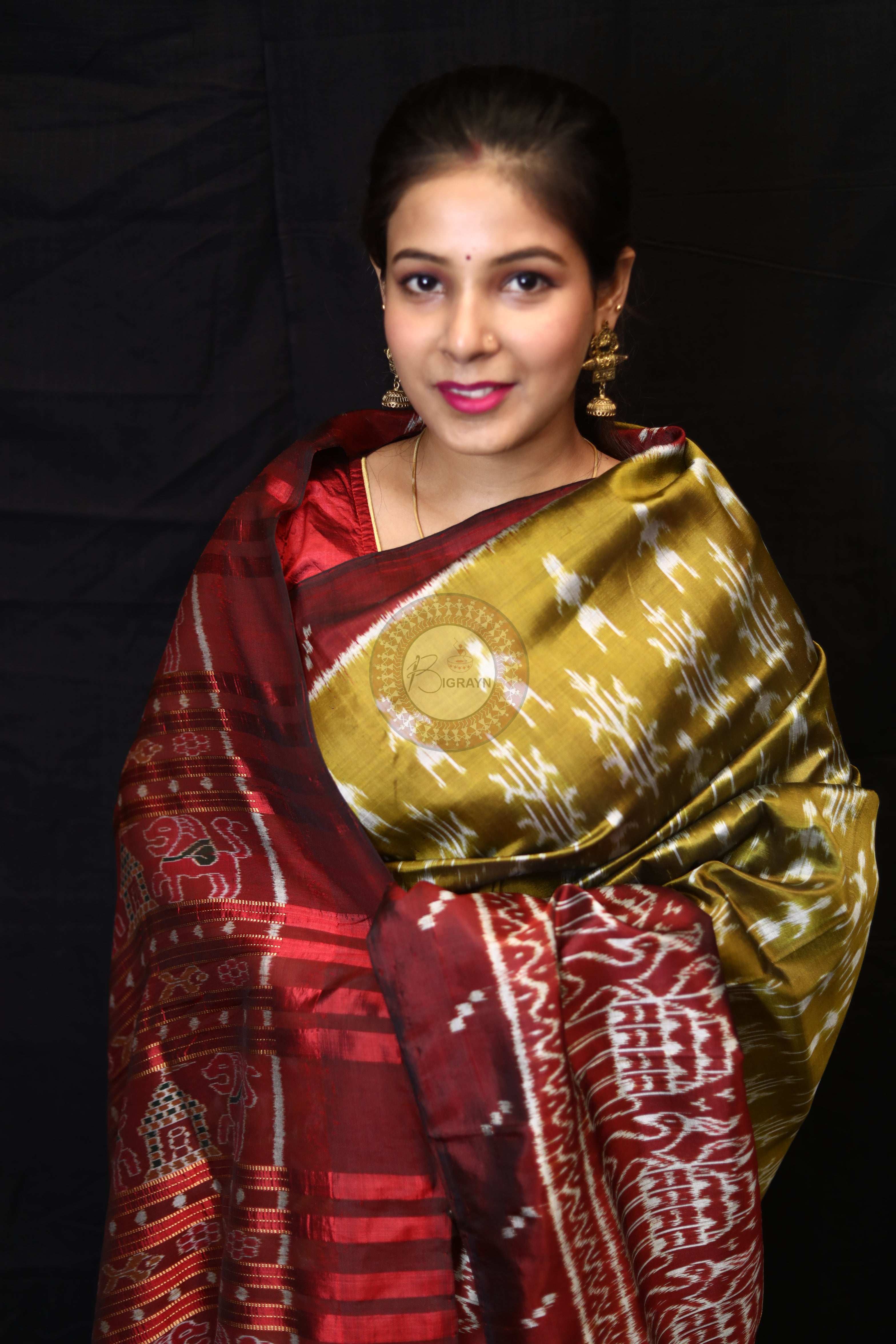 Mehndi Red Tribal Tree Mulberry Silk Saree