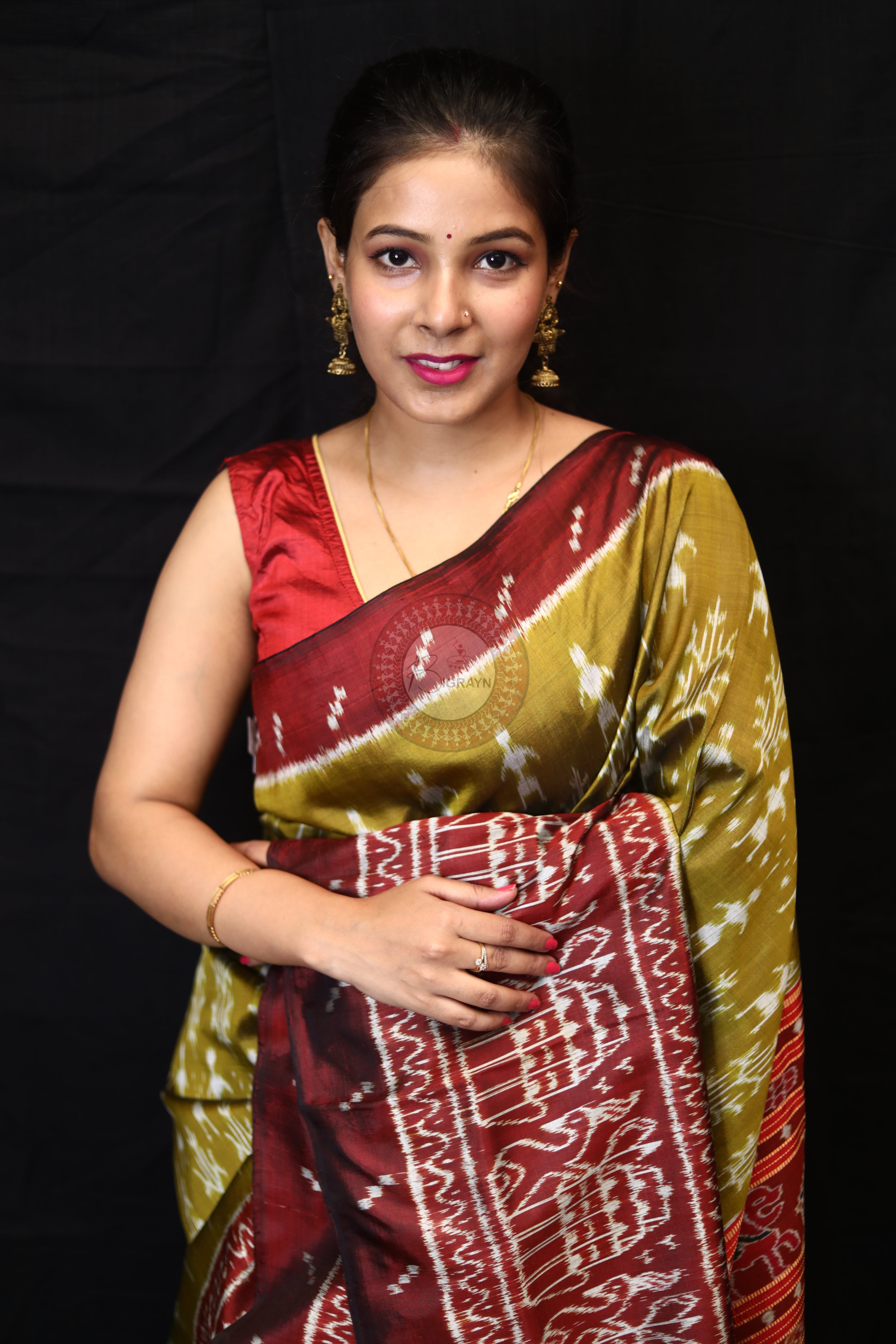 Mehndi Red Tribal Tree Mulberry Silk Saree