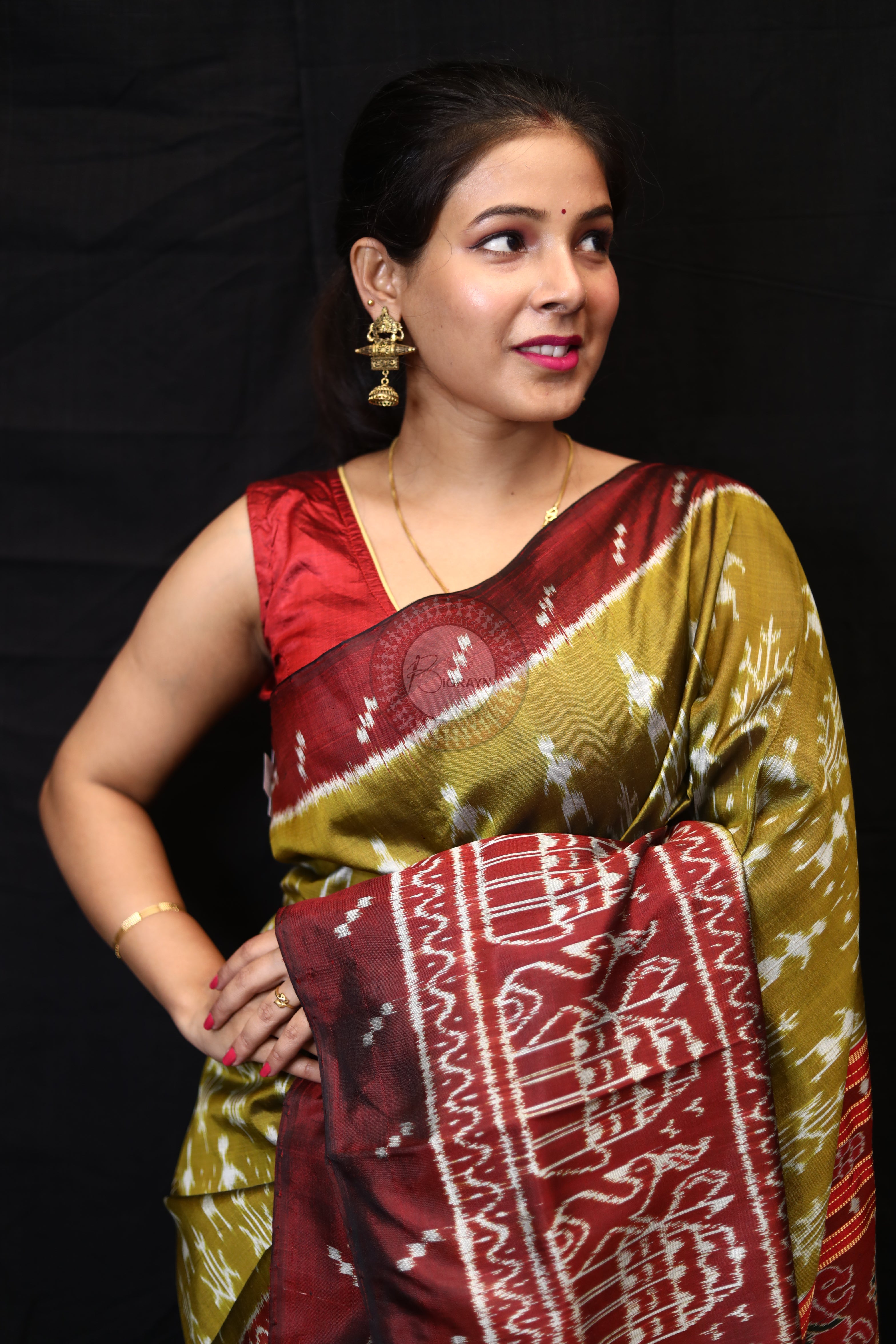 Mehndi Red Tribal Tree Mulberry Silk Saree