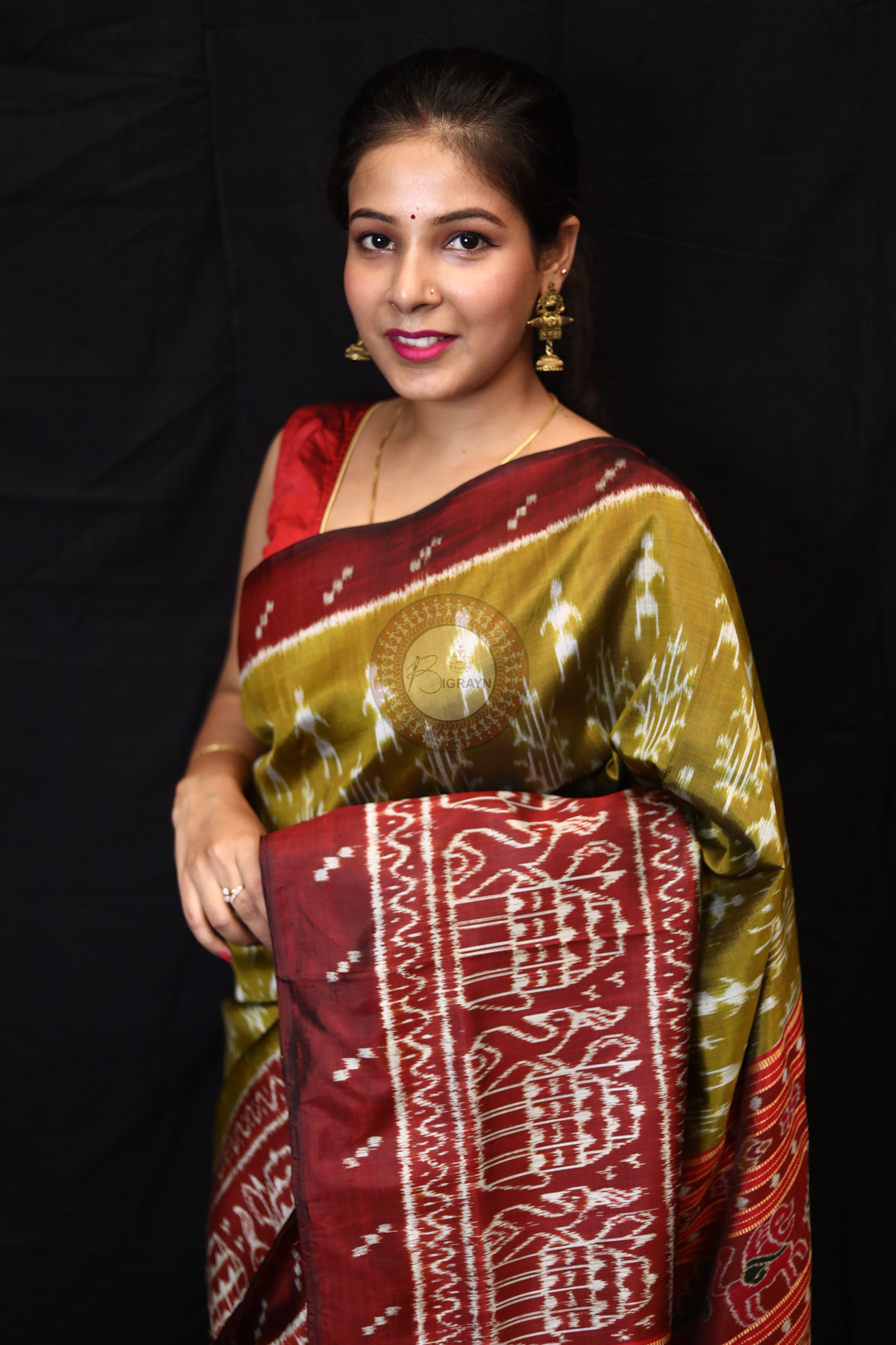 Mehndi Red Tribal Tree Mulberry Silk Saree