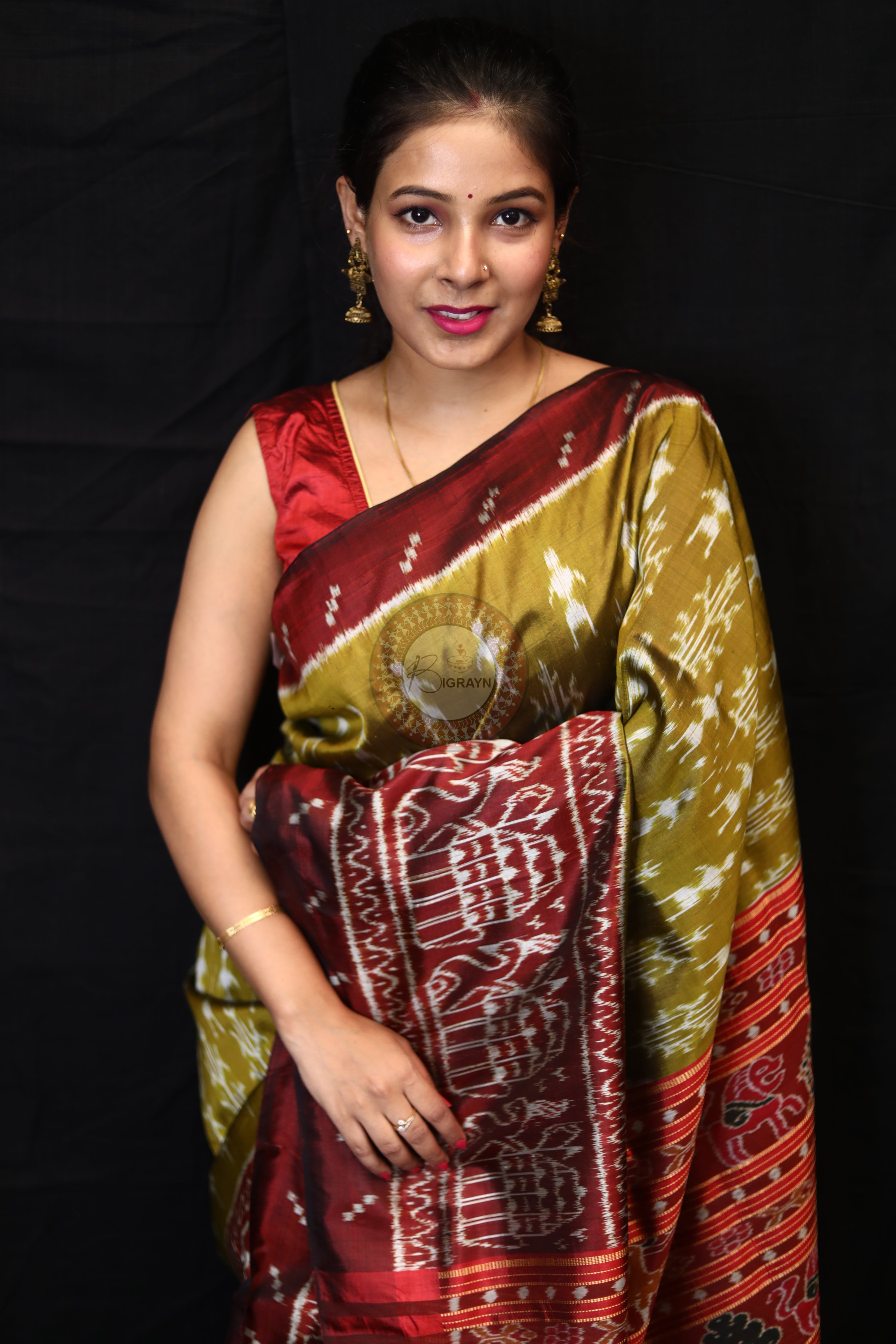 Mehndi Red Tribal Tree Mulberry Silk Saree