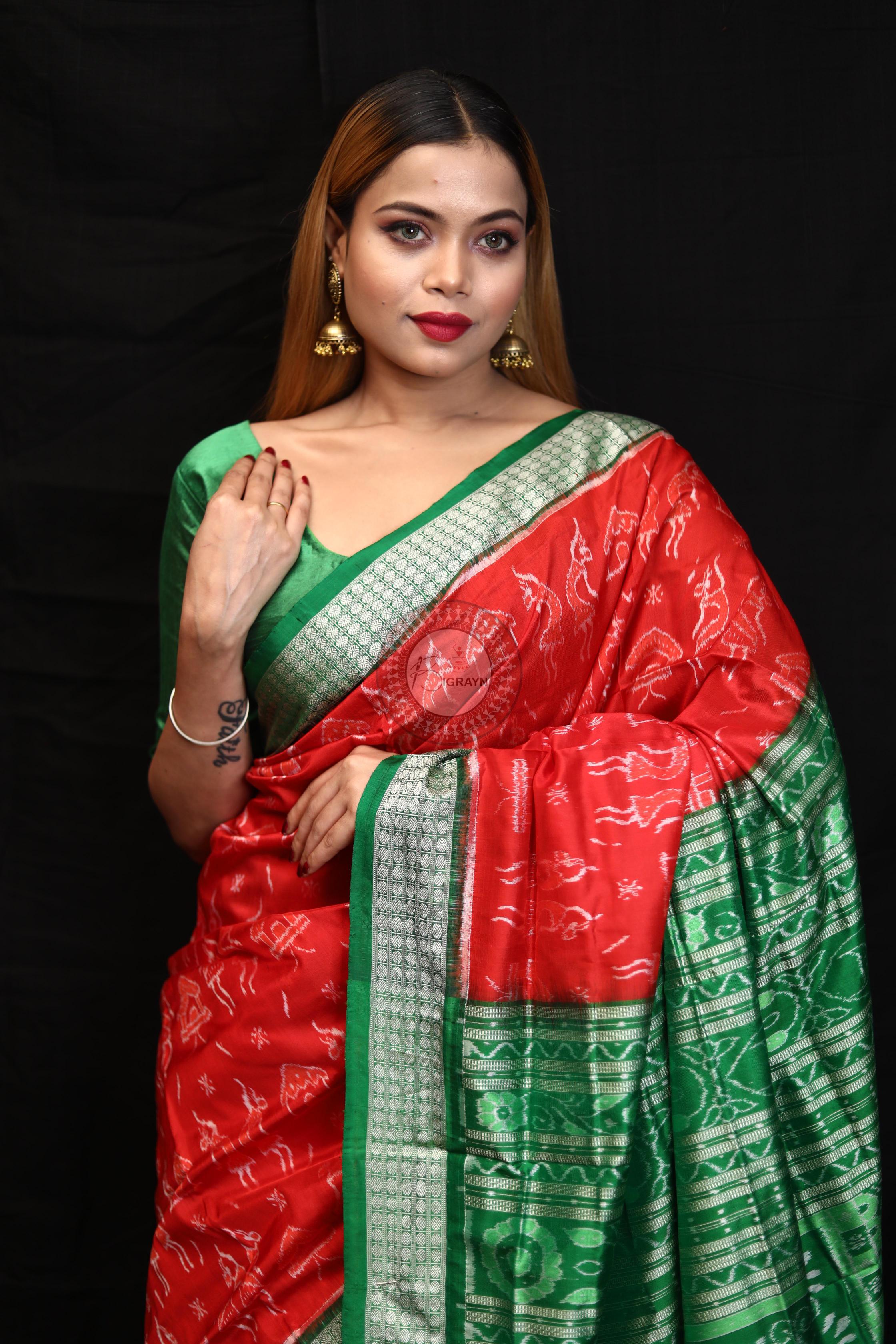Red Green Tribal House Sambalpuri Silk Saree