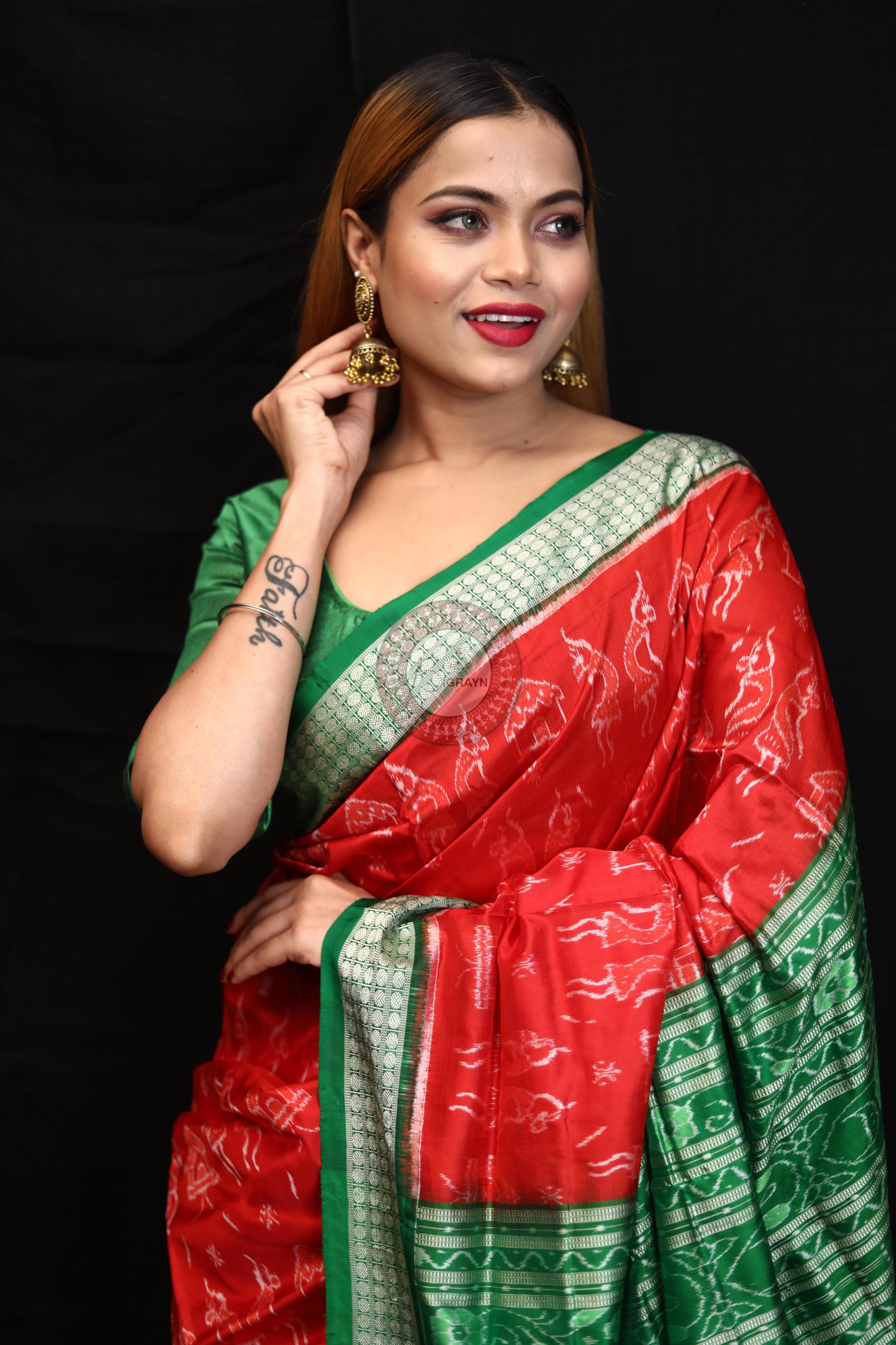 Red Green Tribal House Sambalpuri Silk Saree