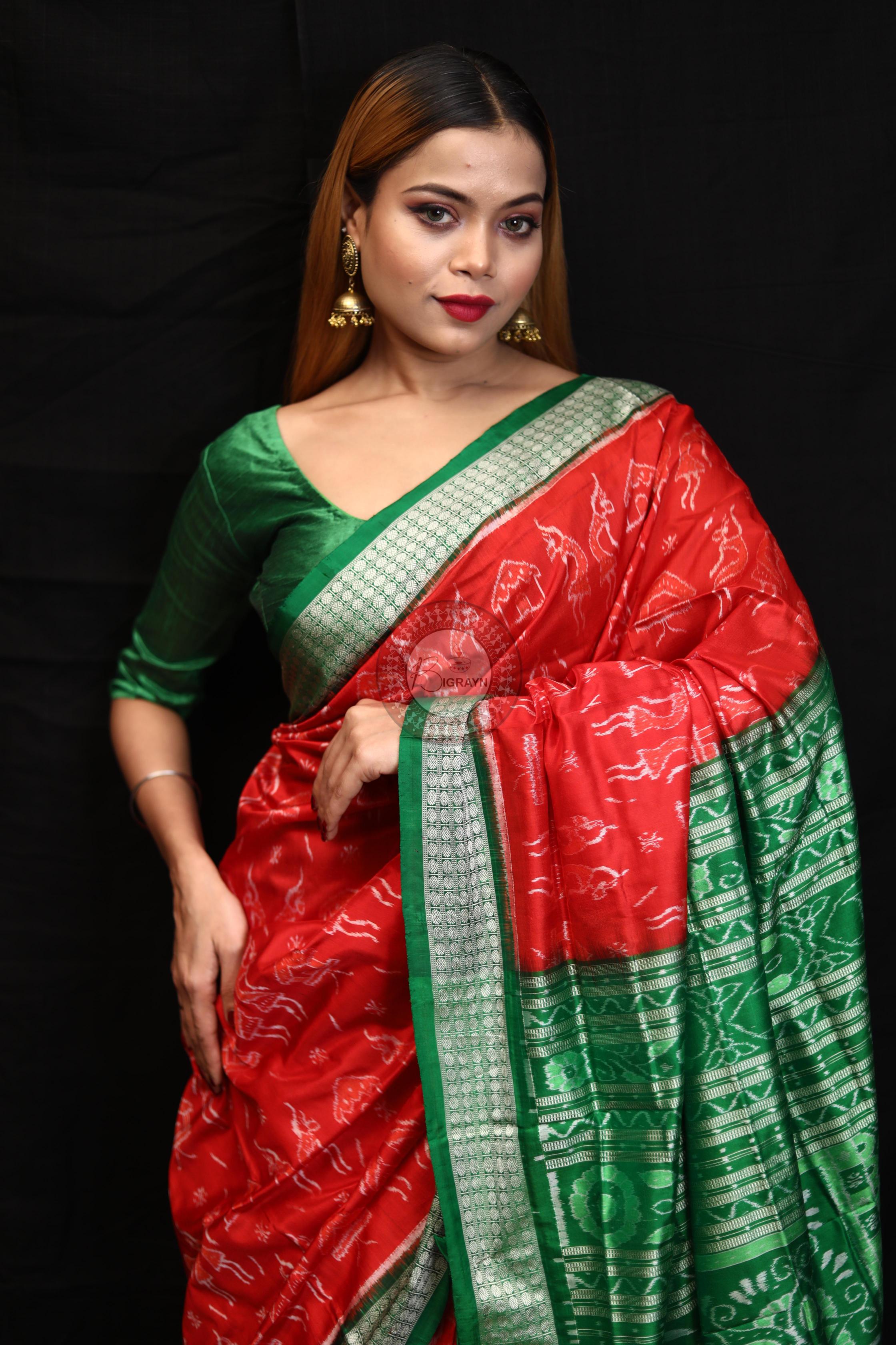 Red Green Tribal House Sambalpuri Silk Saree