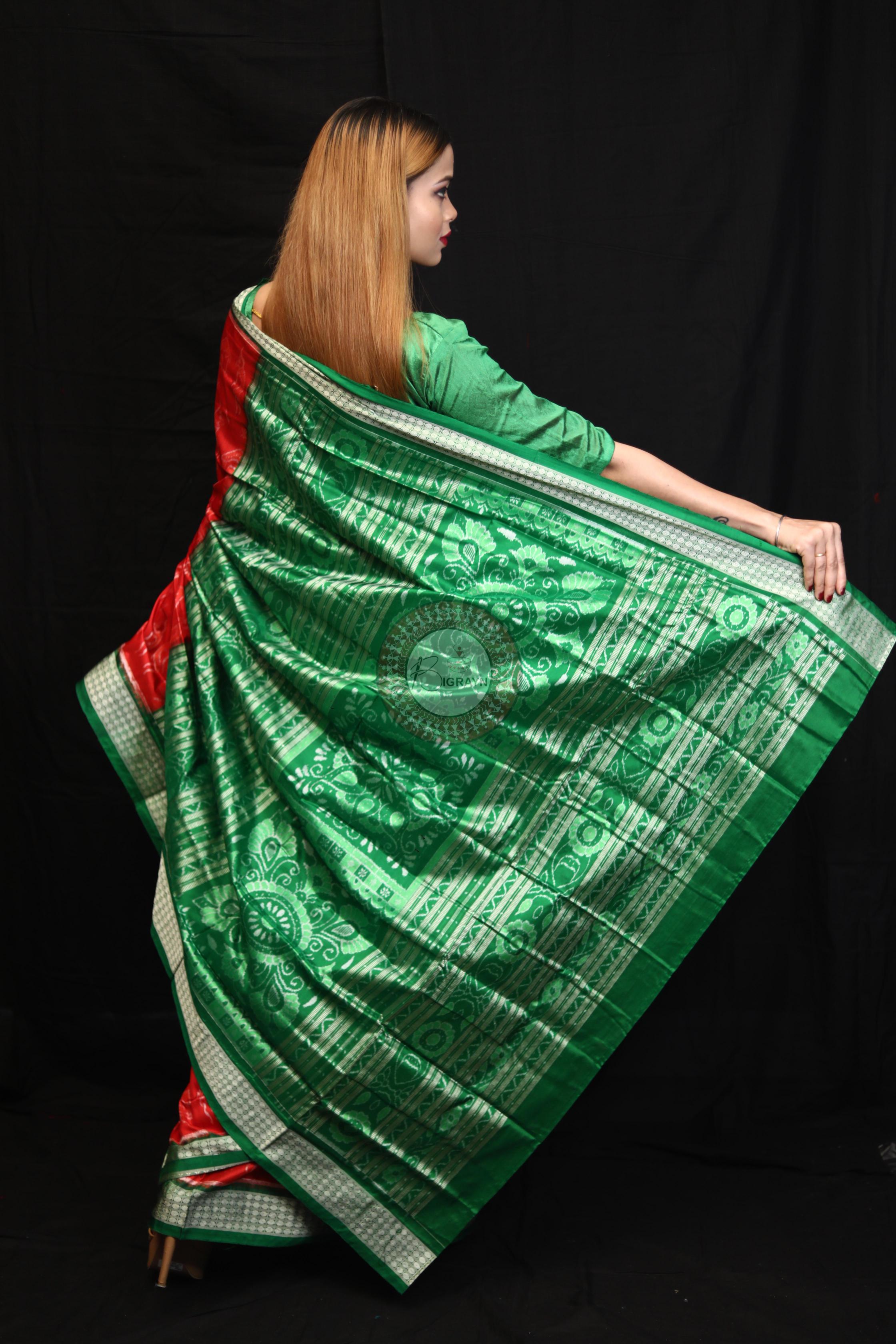 Red Green Tribal House Sambalpuri Silk Saree