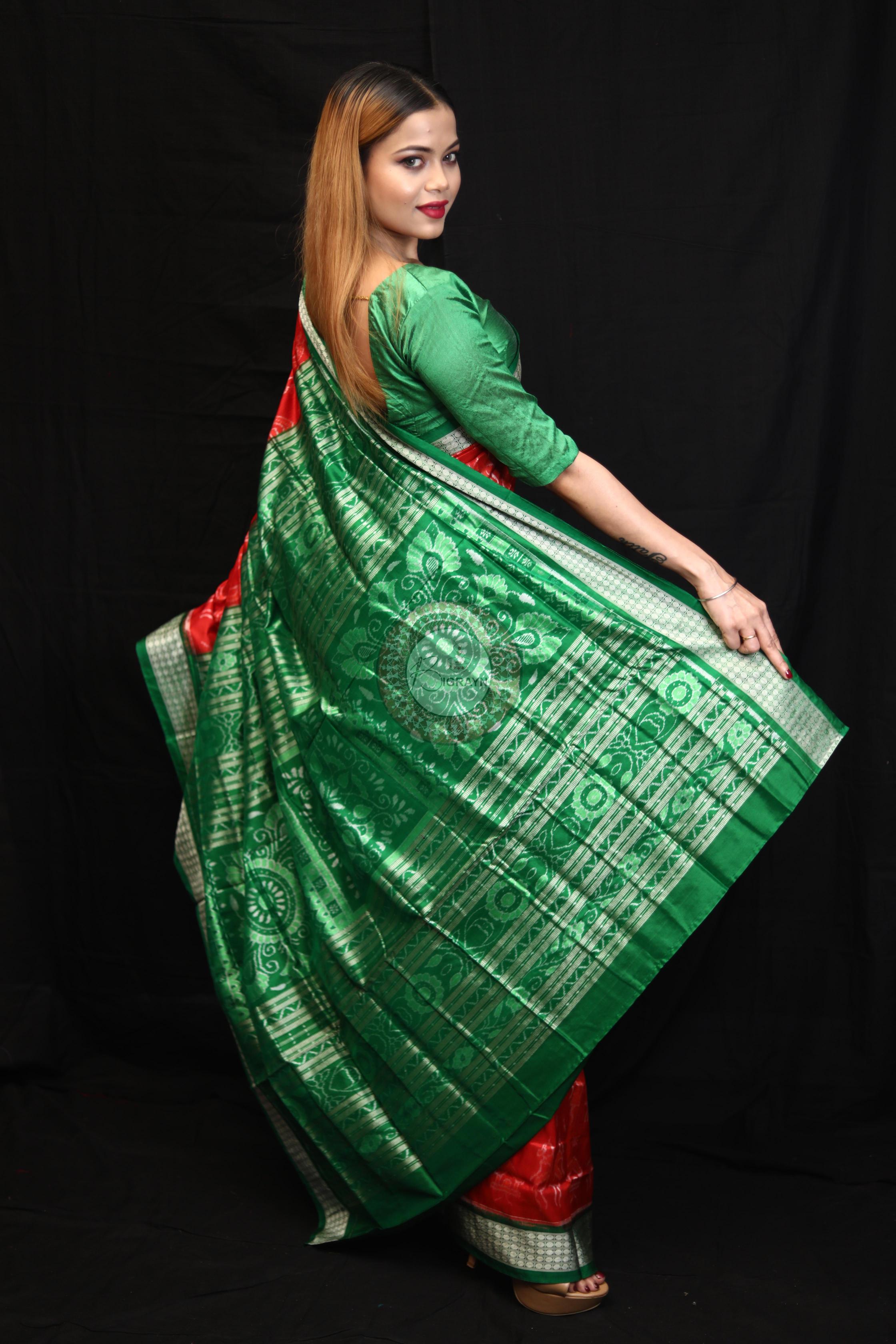 Red Green Tribal House Sambalpuri Silk Saree