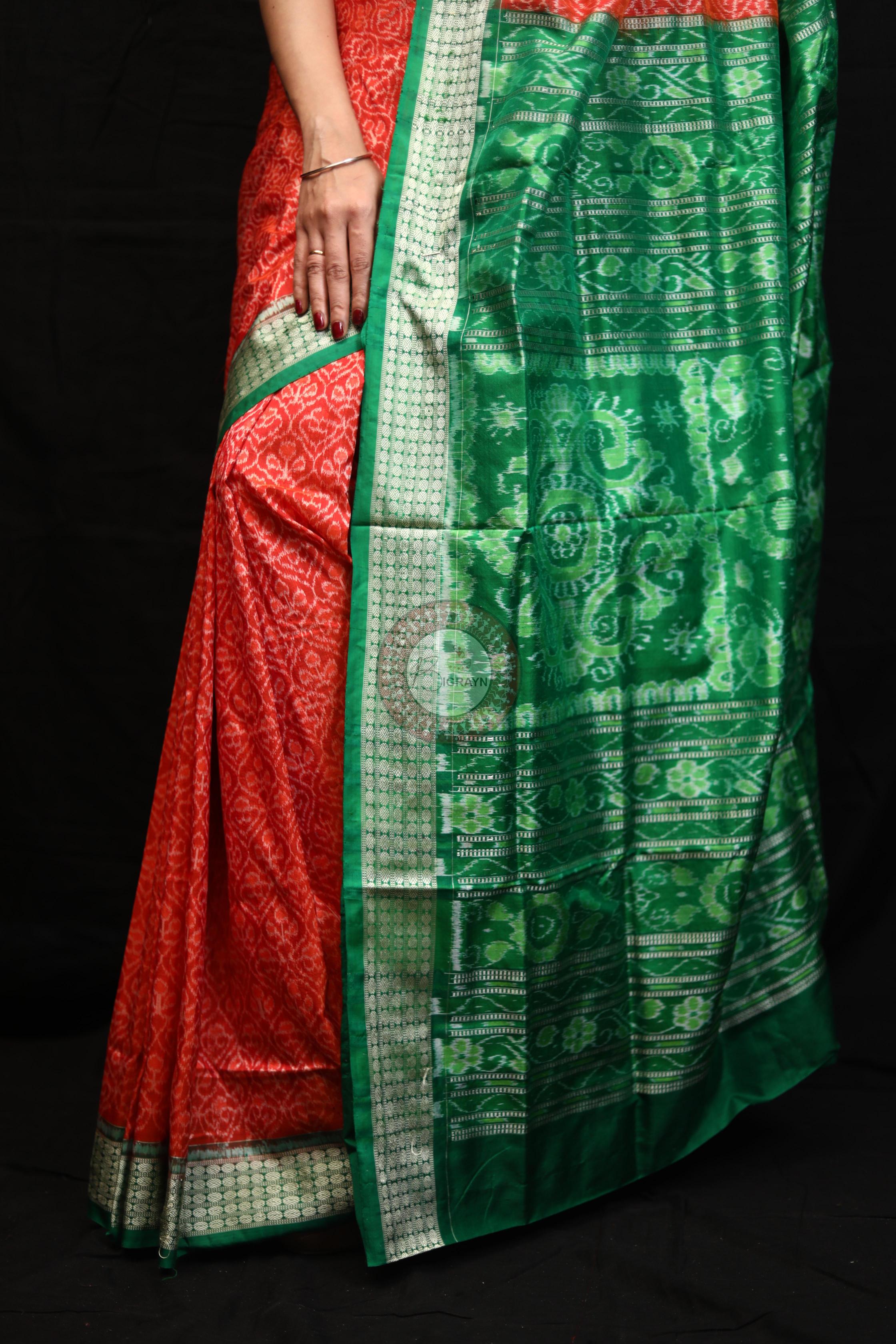 Orange Green Ikat Sambalpuri Silk Saree