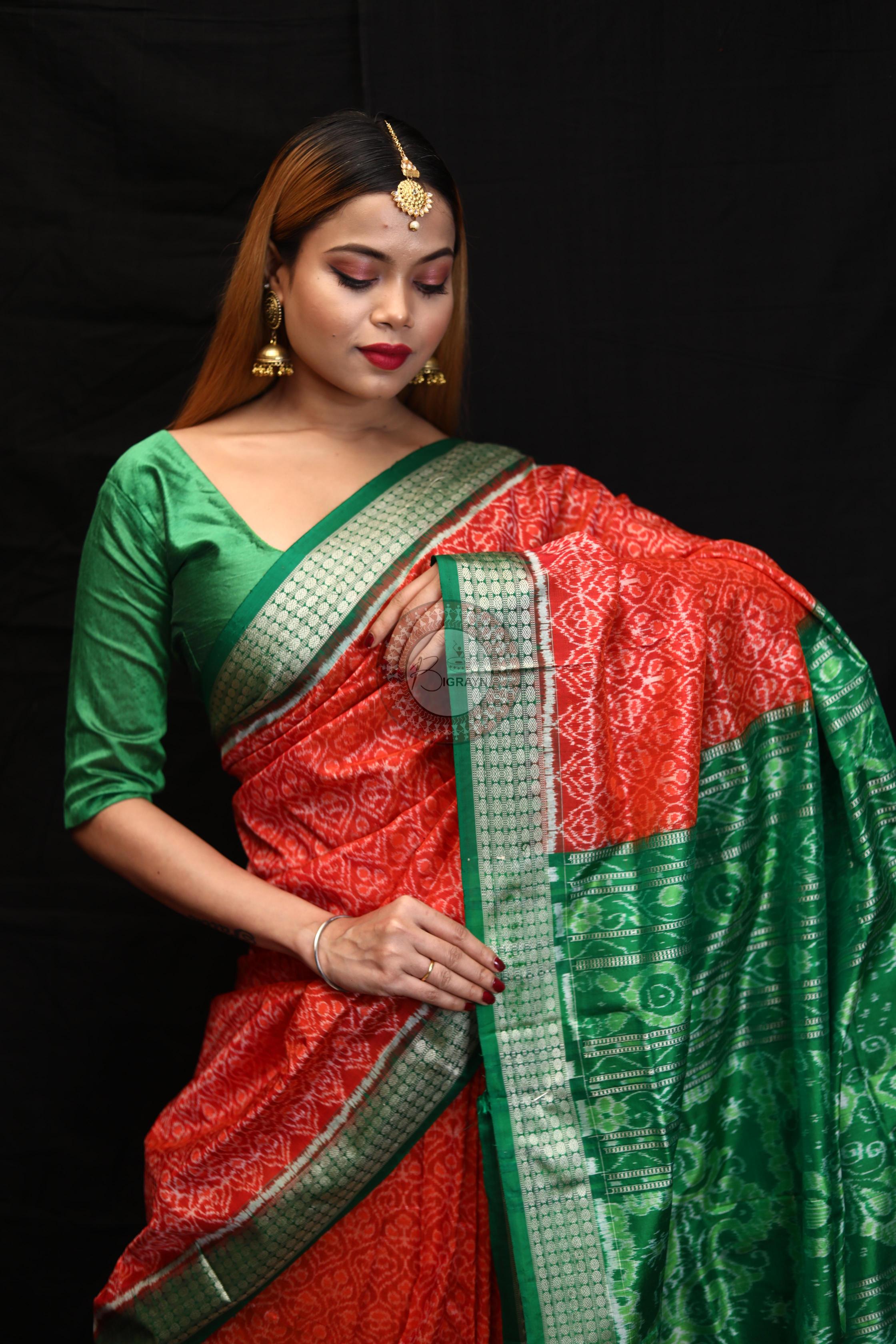 Orange Green Ikat Sambalpuri Silk Saree