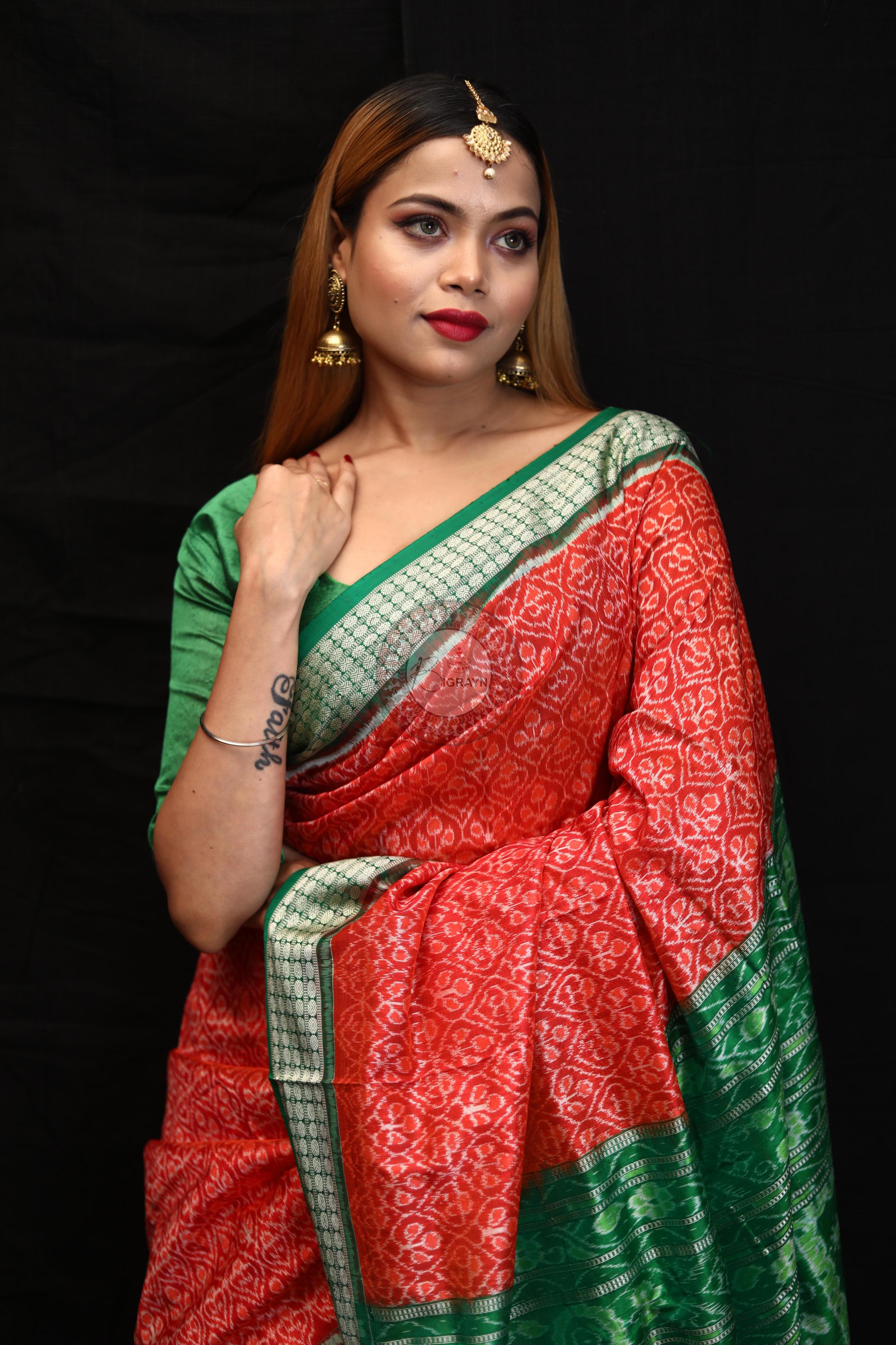 Orange Green Ikat Sambalpuri Silk Saree