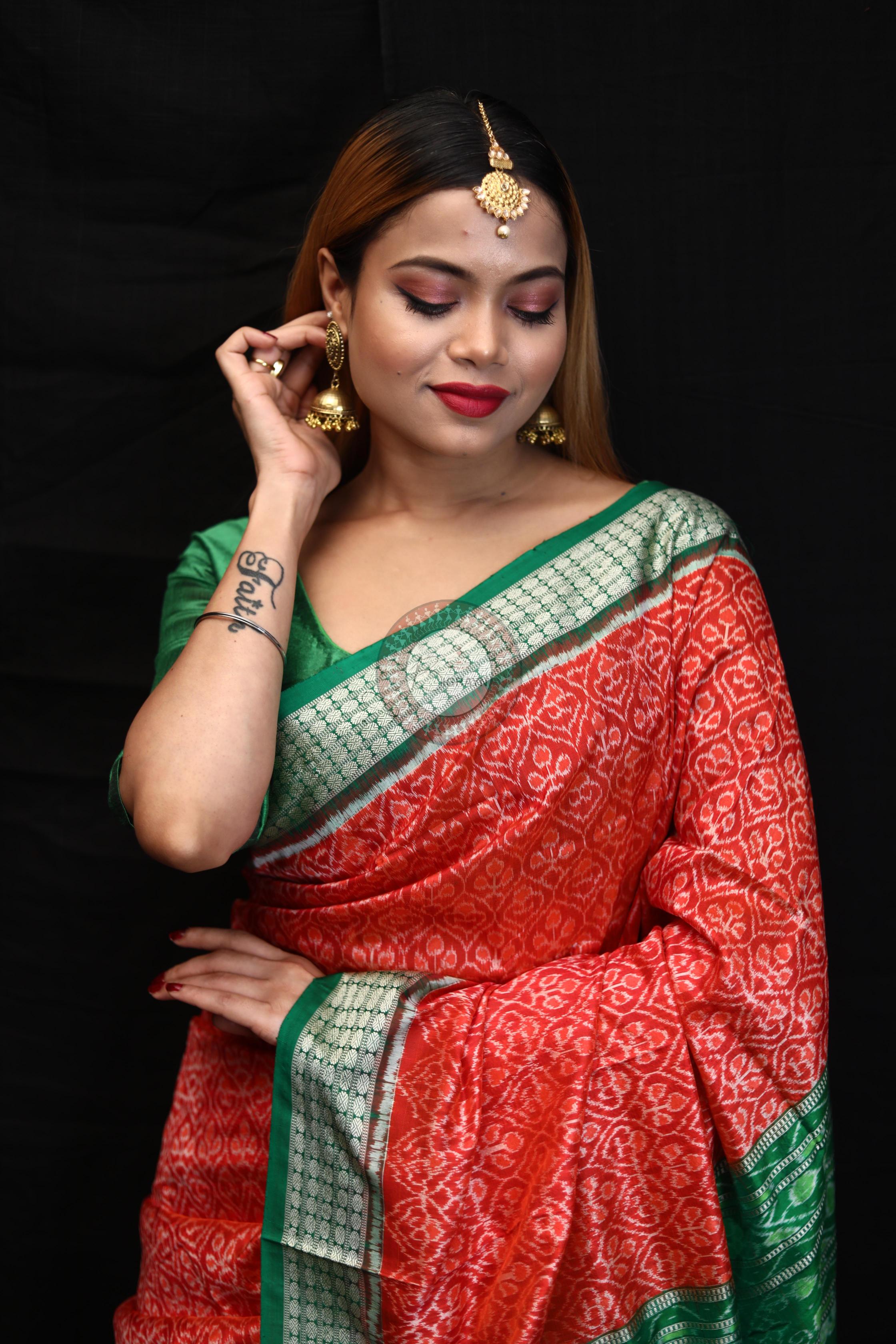 Orange Green Ikat Sambalpuri Silk Saree