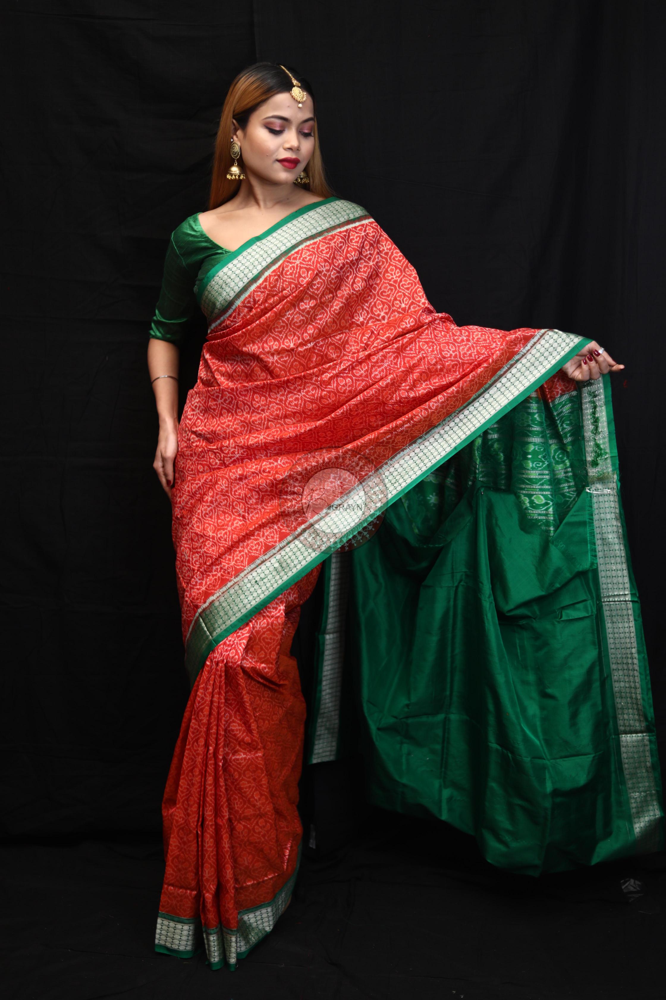 Orange Green Ikat Sambalpuri Silk Saree