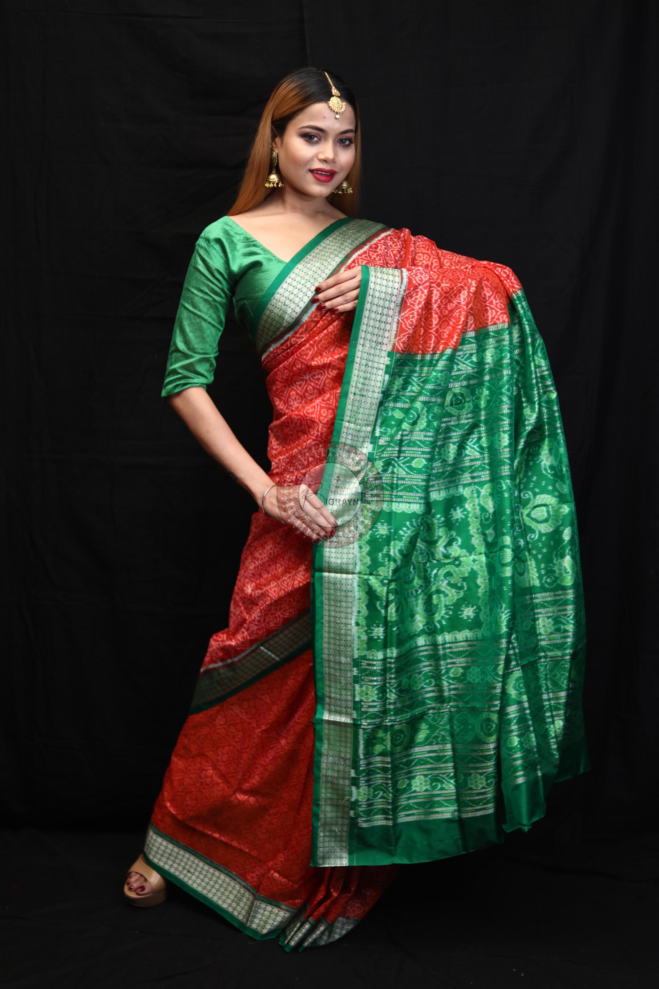 Orange Green Ikat Sambalpuri Silk Saree
