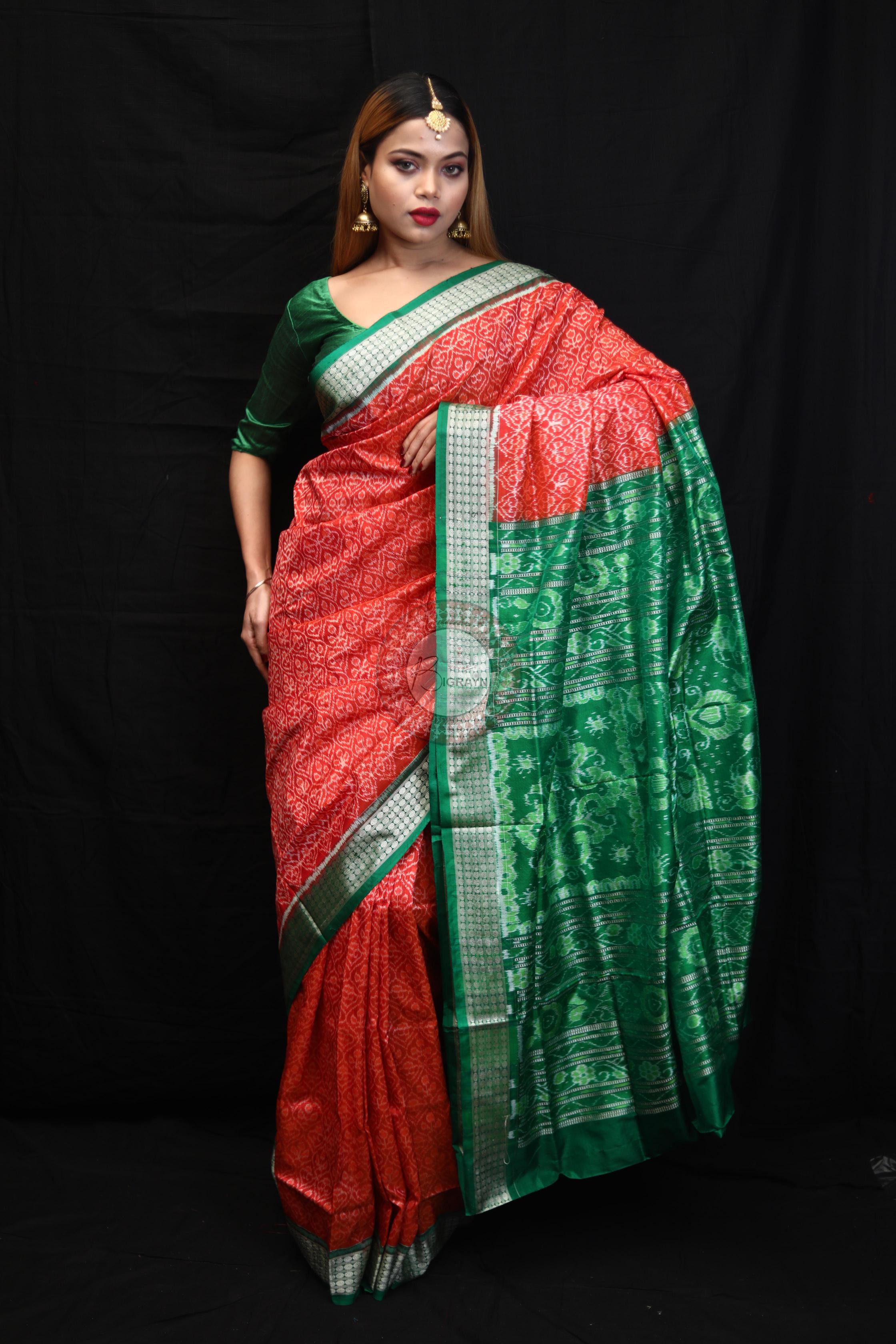 Orange Green Ikat Sambalpuri Silk Saree