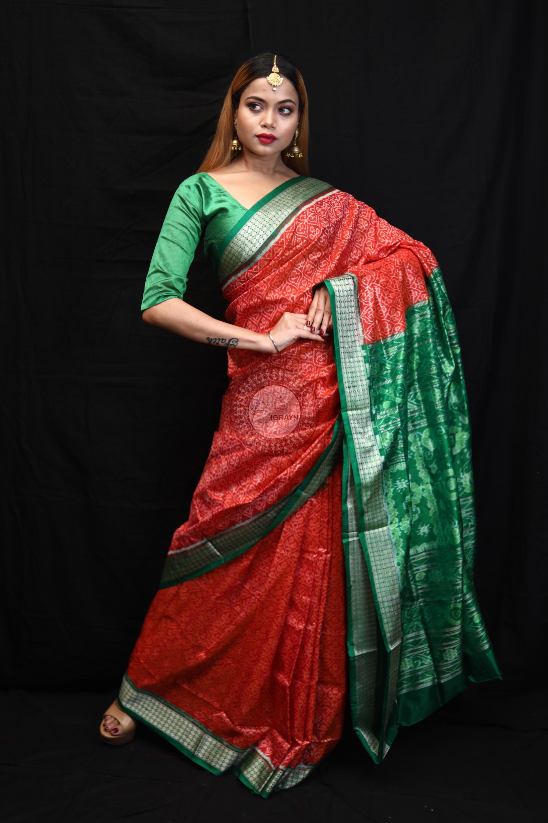 Orange Green Ikat Sambalpuri Silk Saree