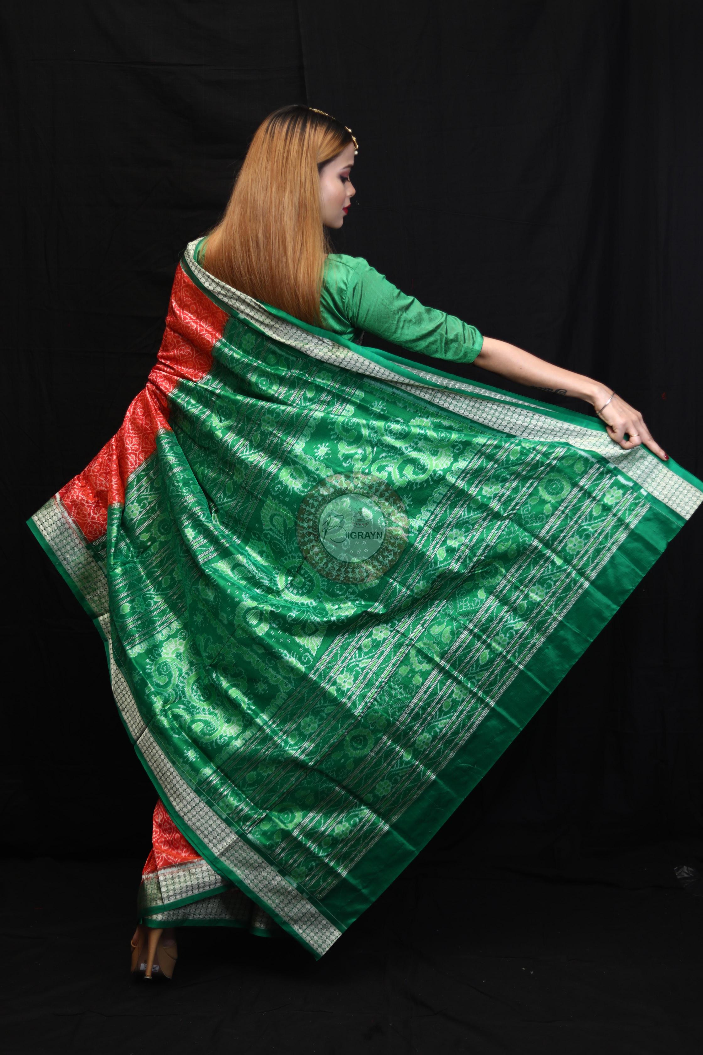 Orange Green Ikat Sambalpuri Silk Saree